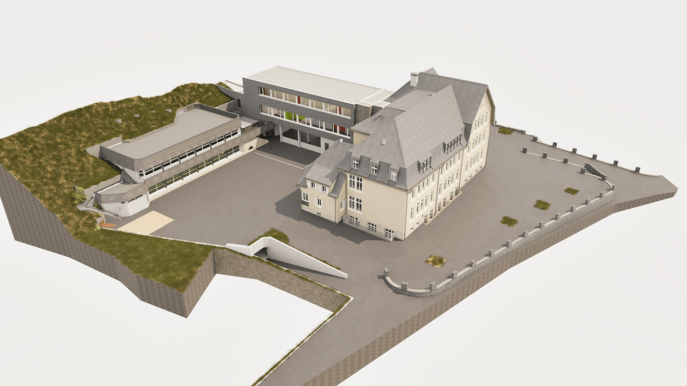 3D-Modell eines modernen Schulgebäudes mit angeschlossenen Parkflächen und Grünbereichen.