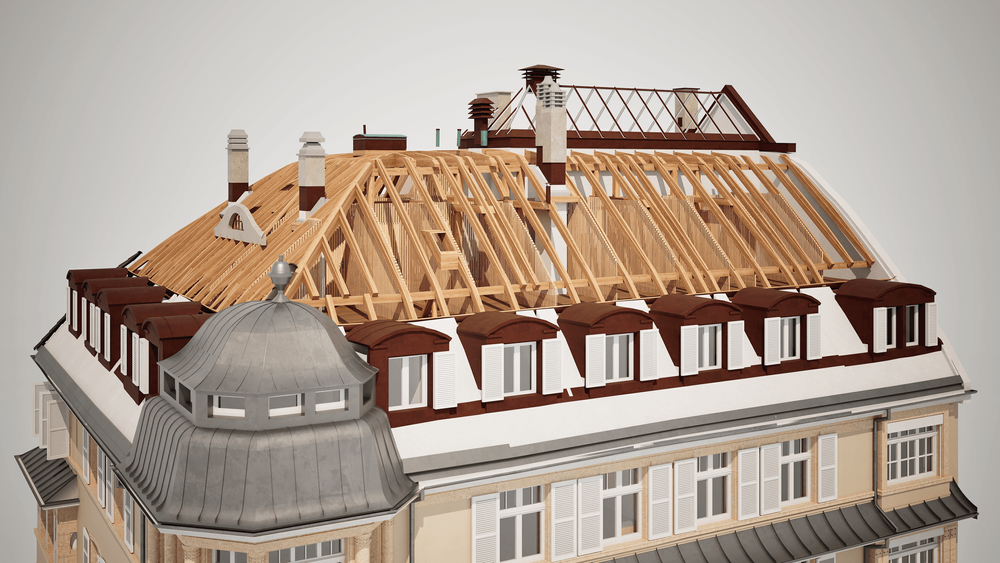 3D-Darstellung eines Dachstuhls im Aufbau auf einem klassischen Gebäude.