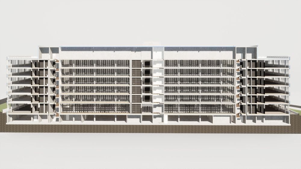 3D-Modell eines modernen Mehrfamilienhauses mit Balkonen.