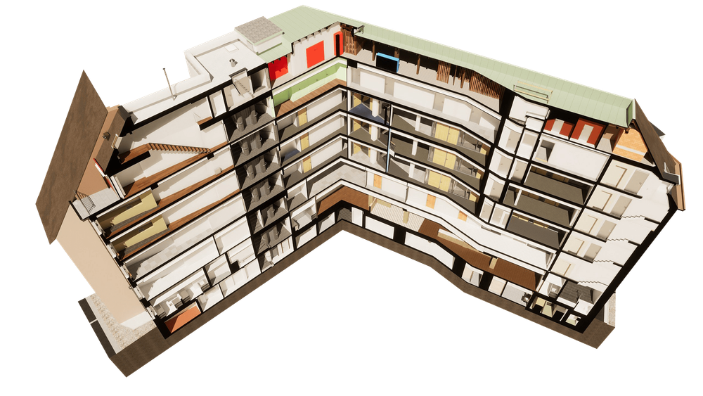 Isometrische Ansicht eines mehrstöckigen Gebäudeschnitts mit detaillierten Innenräumen.