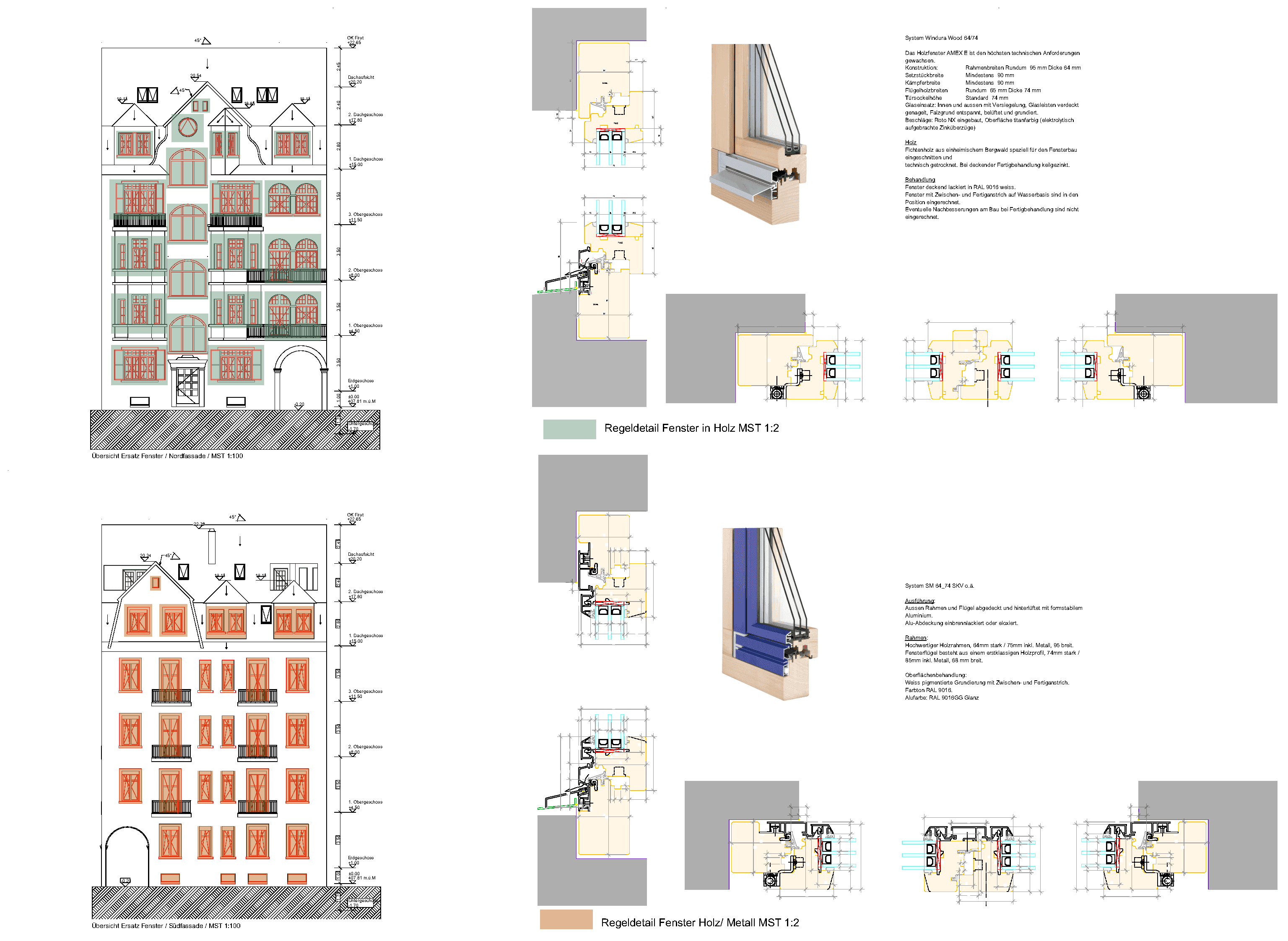 Technische Planzeichnung mit Fassadenansichten eines mehrstöckigen Gebäudes sowie Detailplänen und Schnitten zu Fensteranschlüssen und Montagedetails, inklusive Material- und Maßangaben.