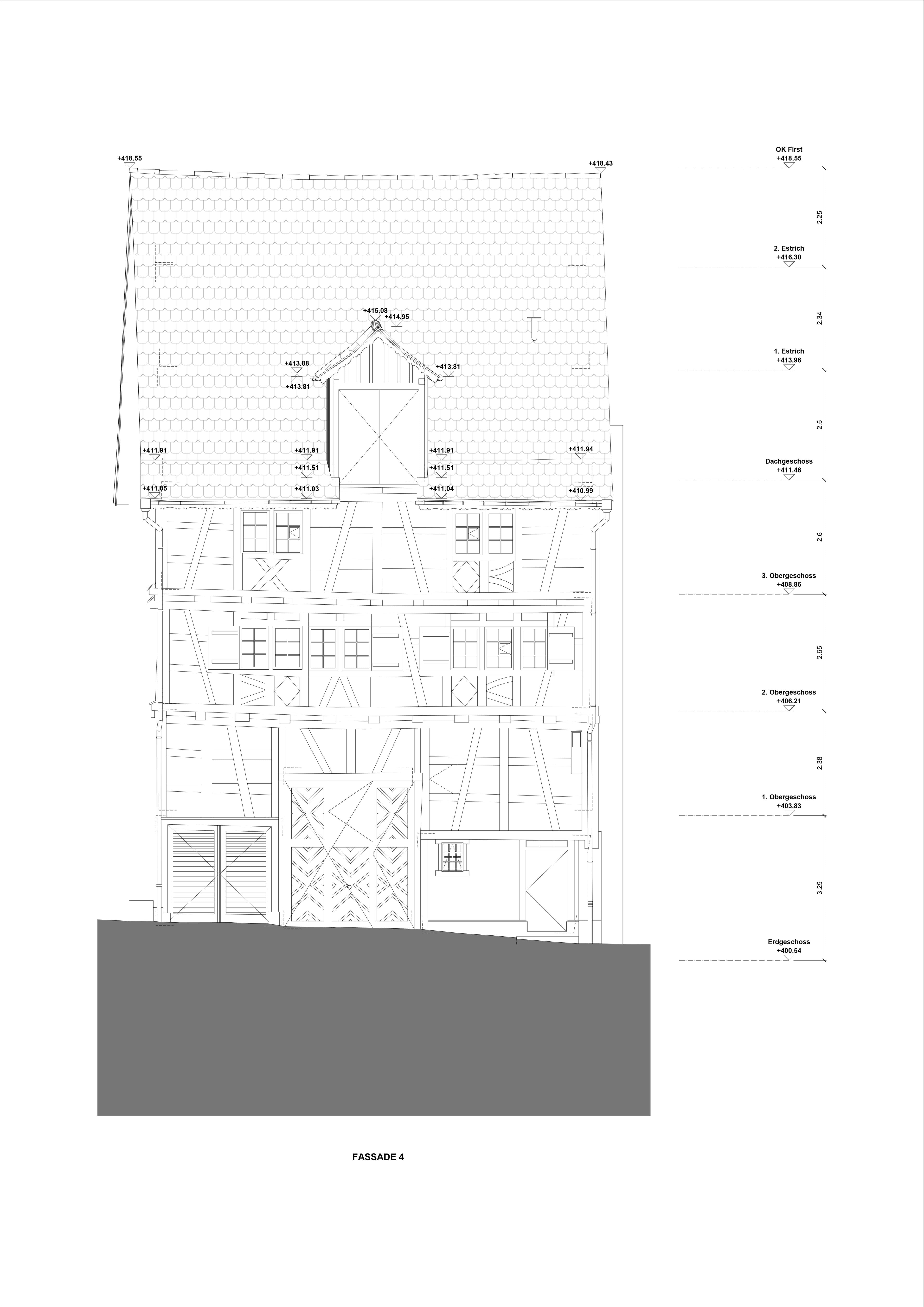 2D-Fassadenplan eines Bestandsgebäudes aus präziser Gebäudevermessung als Grundlage für Sanierungs- und Umbauplanung durch VDE
