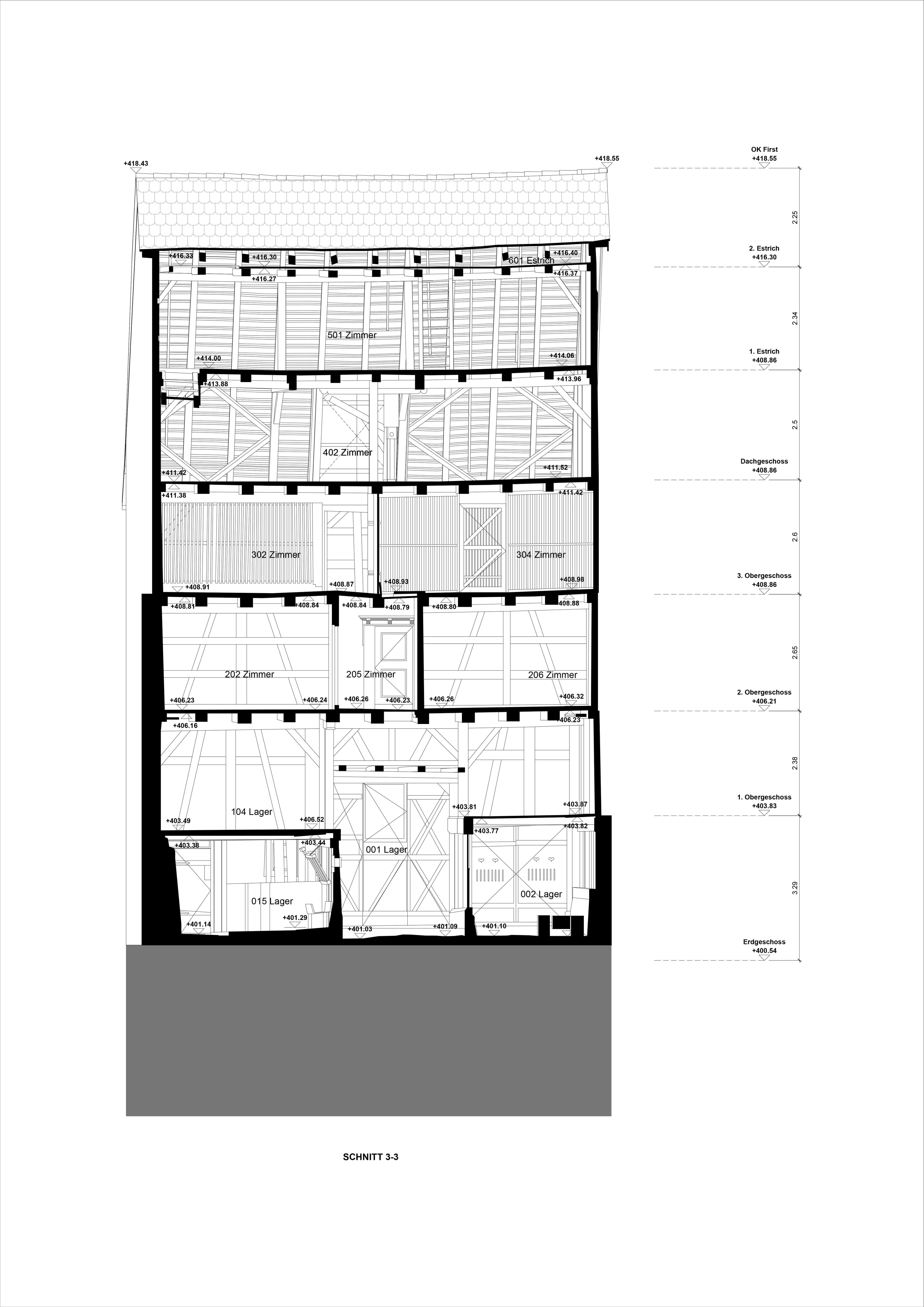 Architektur-Schnittzeichnung eines mehrgeschossigen Gebäudes mit Raumaufteilung, Deckenhöhen und Maßangaben – technischer Bauplan im Querschnitt.