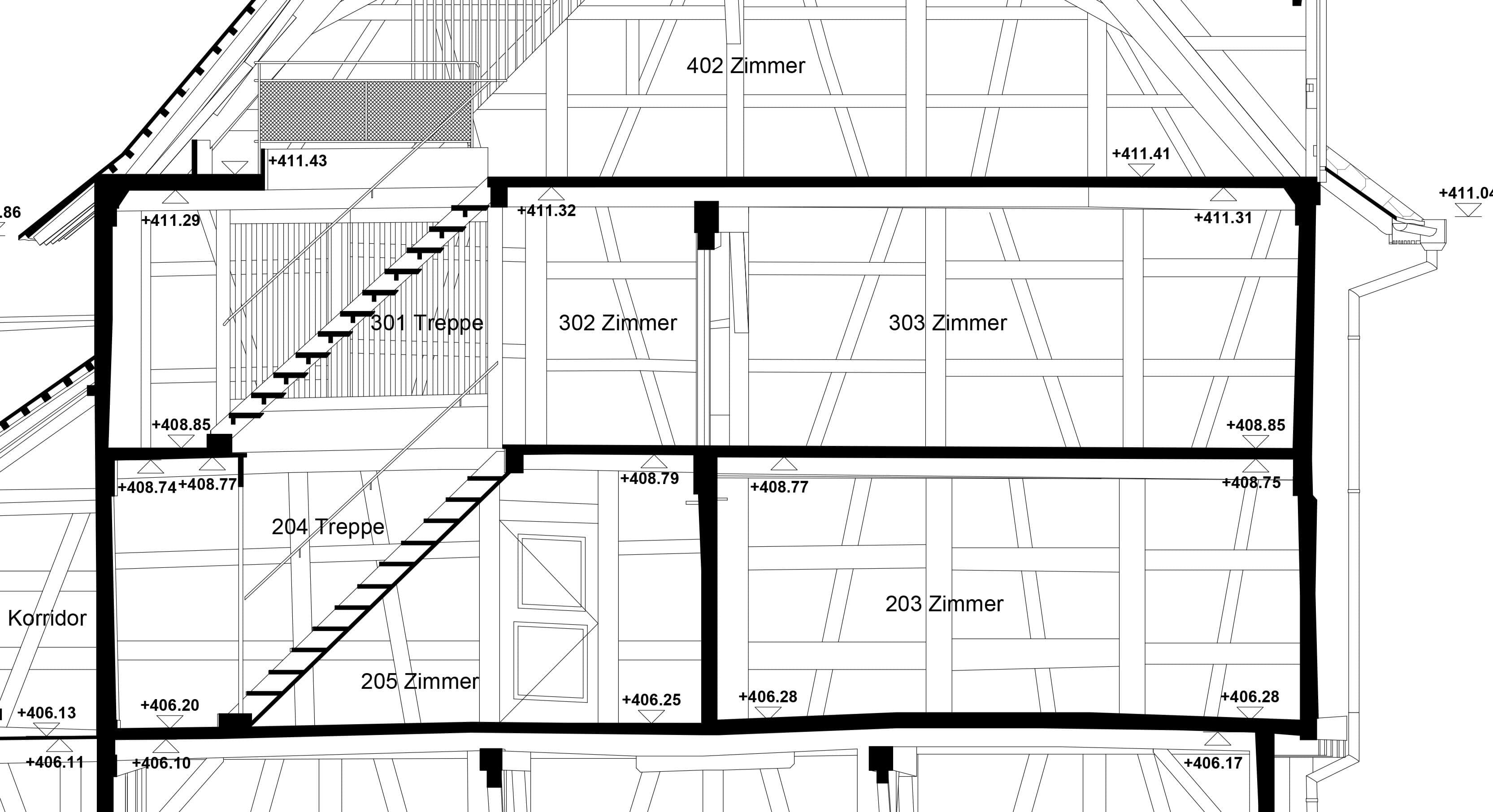 2D-CAD-Grundrisse erstellt aus hochauflösender Punktwolke nach 3D-Laserscanning.