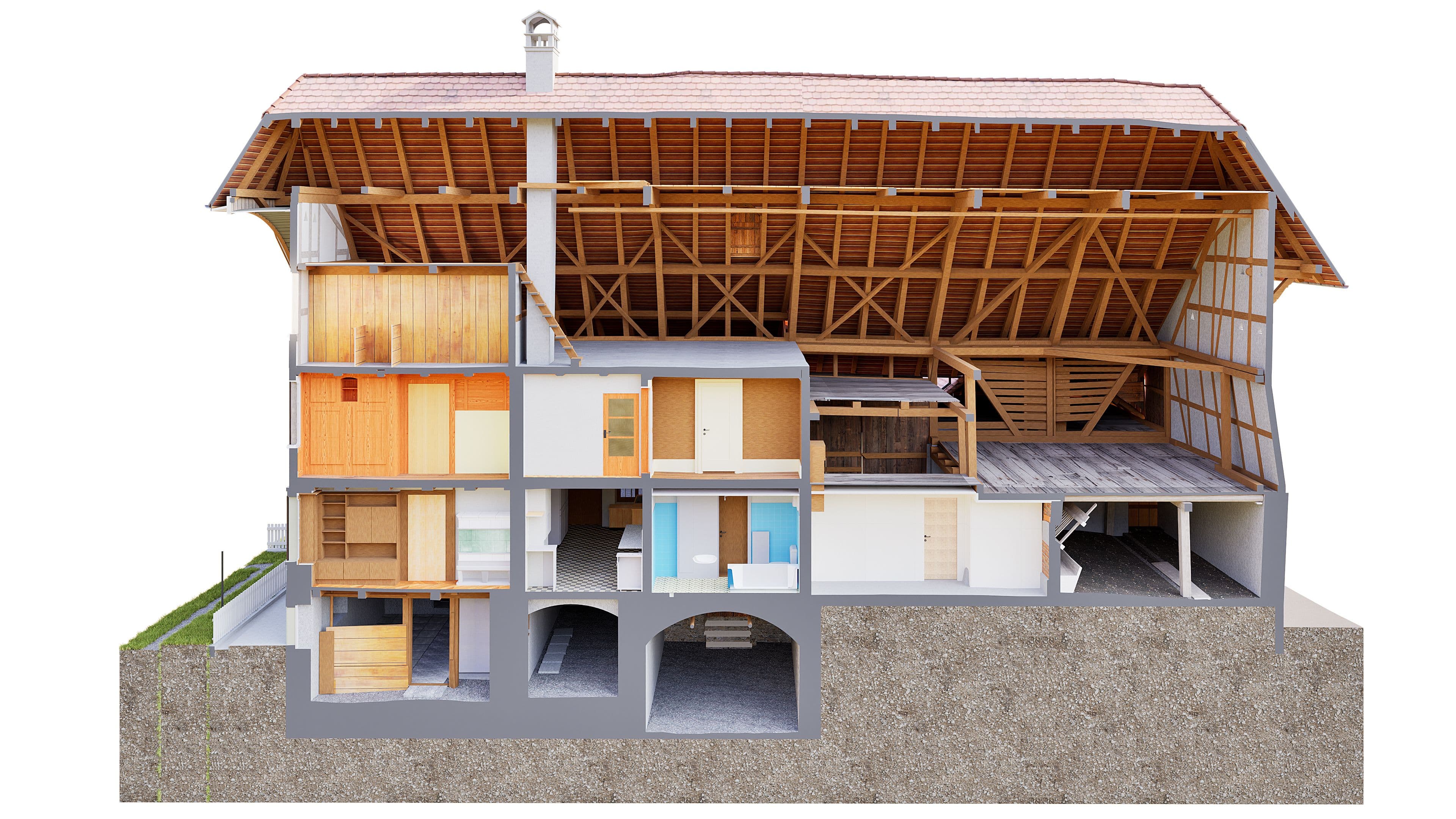 3D-Schnittansicht eines Holzhauses mit großem Dachstuhl: Querschnitt zeigt Innenräume, Holzrahmen, Keller und Schornstein in architektonischer Visualisierung.