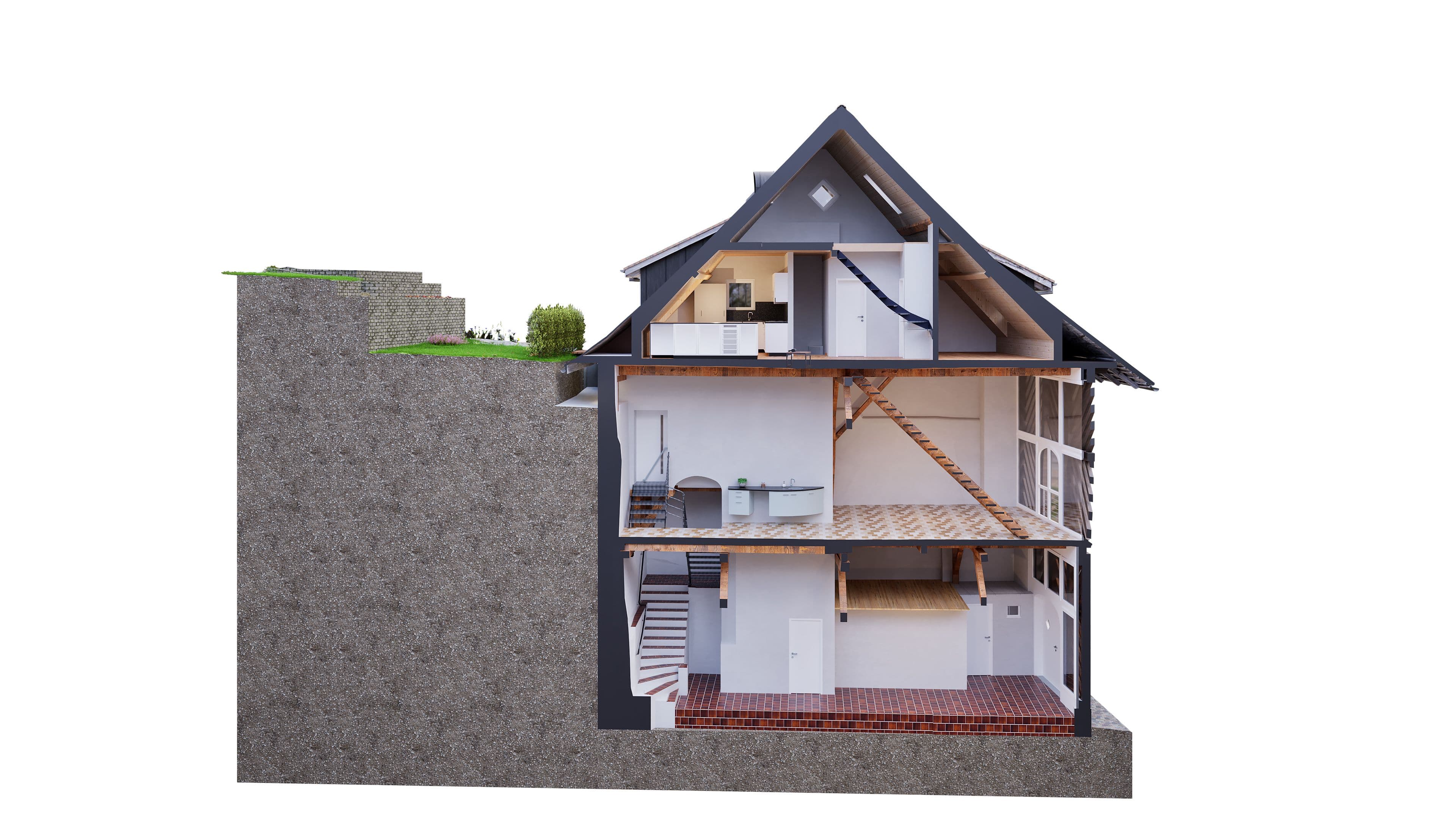 Querschnitt eines dreistöckigen Hauses mit Dachboden, gezeigt mit Innenräumen und Bauweise.