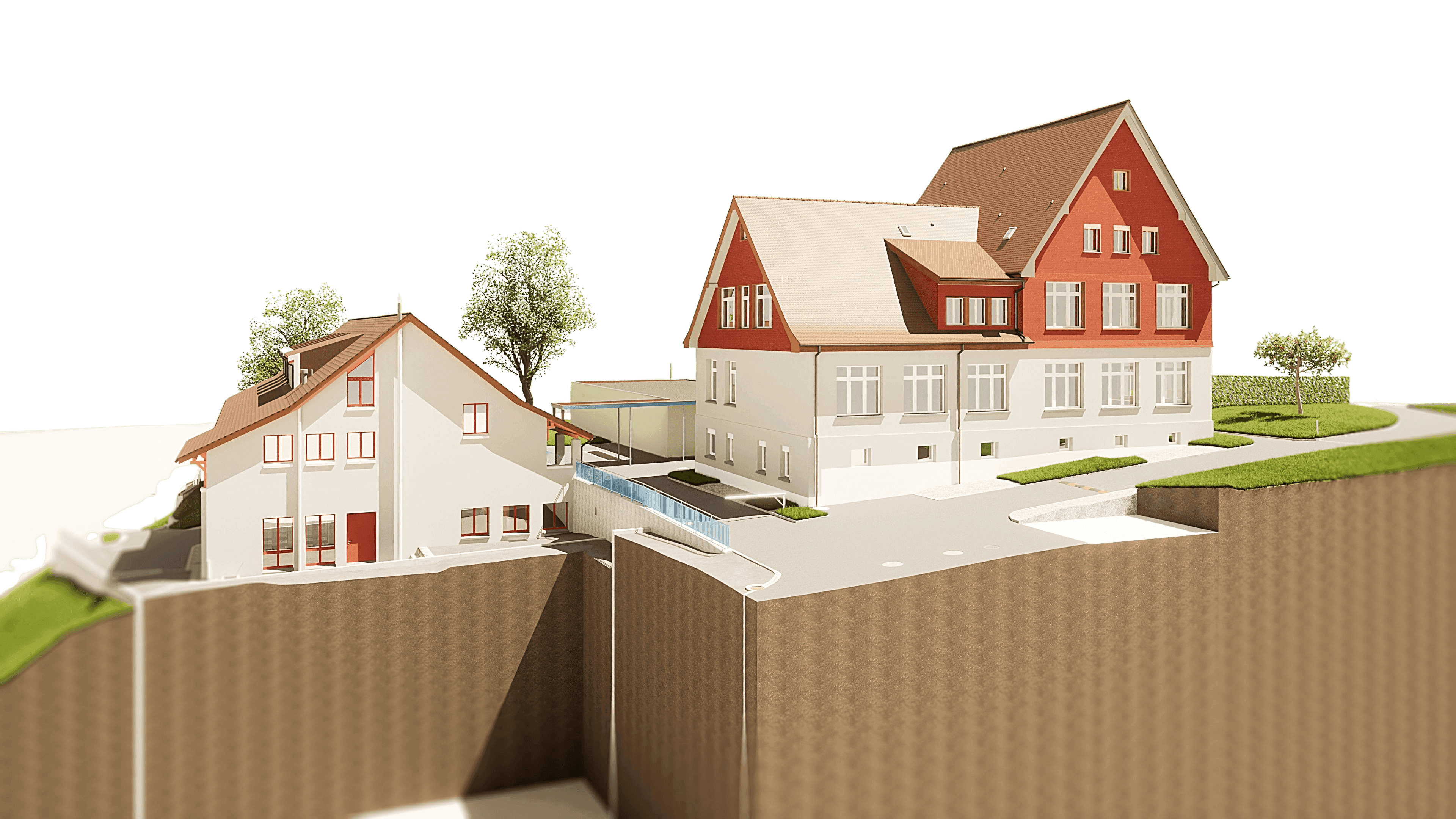 3D-Architekturvisualisierung eines Wohnkomplexes mit roten Satteldächern, modernen Anbauten, Zufahrt und Grünflächen auf terrassiertem Gelände mit Stützmauern und Bäumen.