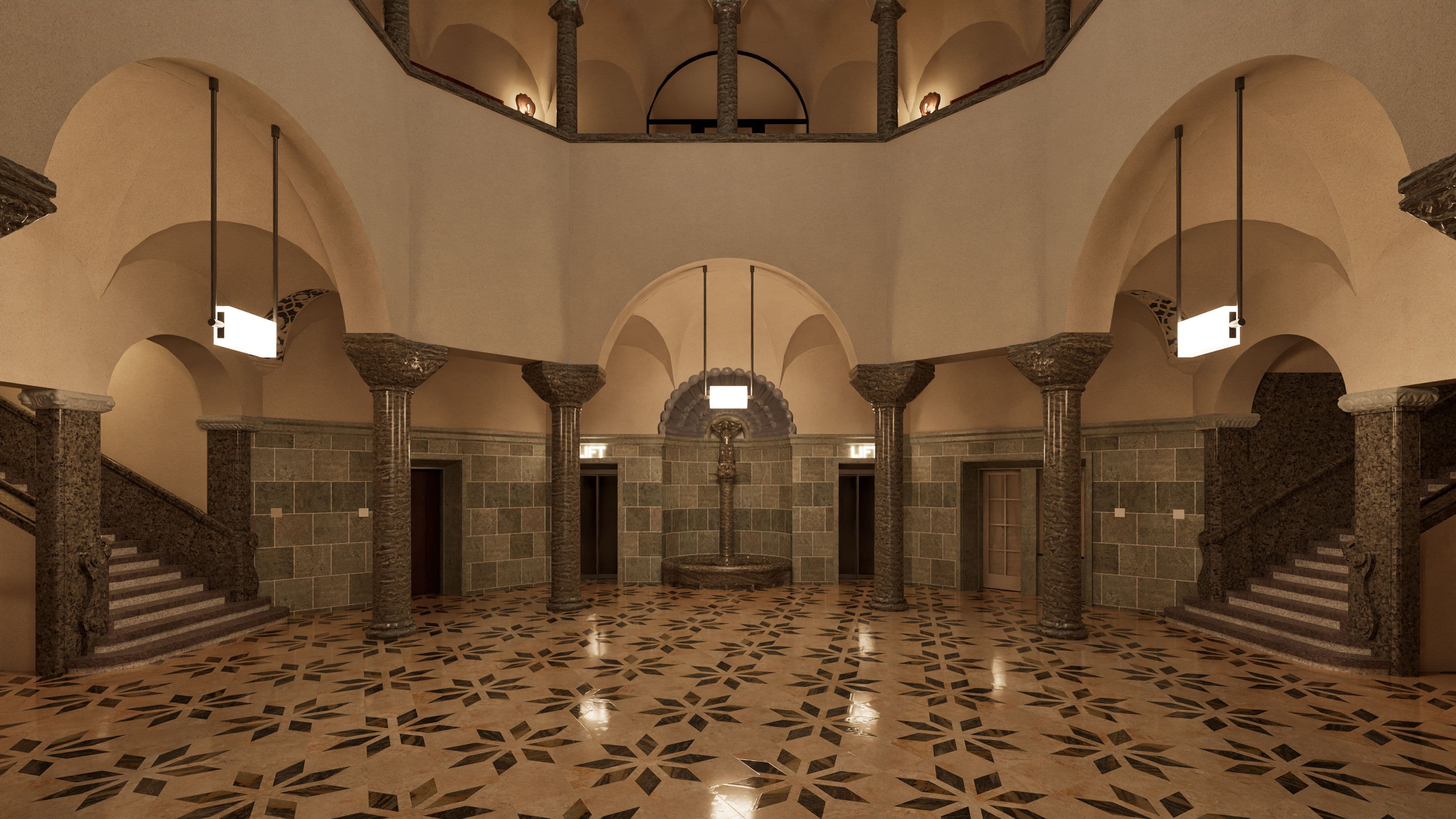 ```
Historischer Saal mit Marmorfliesen, Säulen und zwei Treppen, elegante Atmosphäre.
```