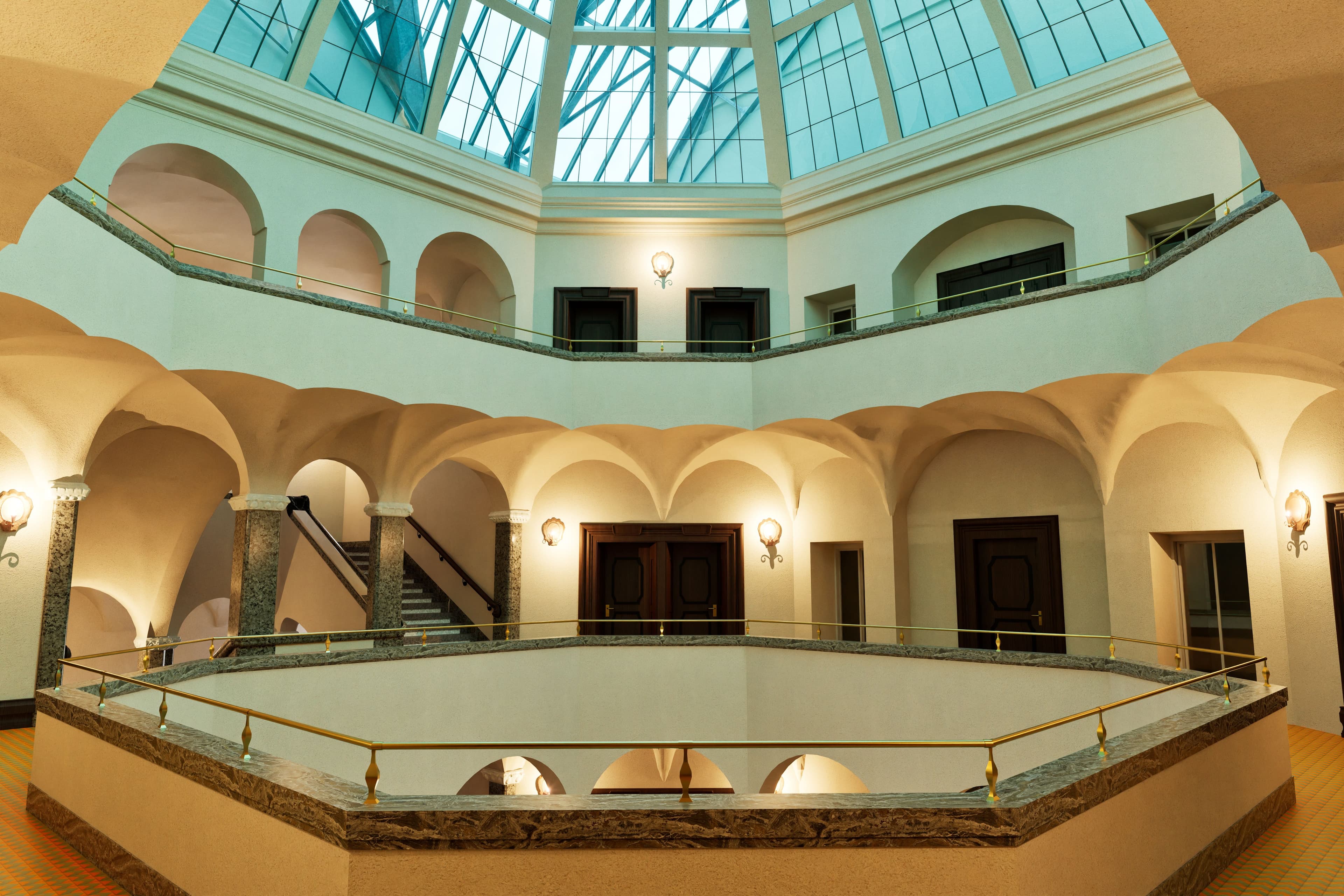 Ein elegantes Atrium mit gewölbter Kuppel, Glaskuppel oben, Offenen Galerien und eleganten Bögen, in warmem Licht erleuchtet.