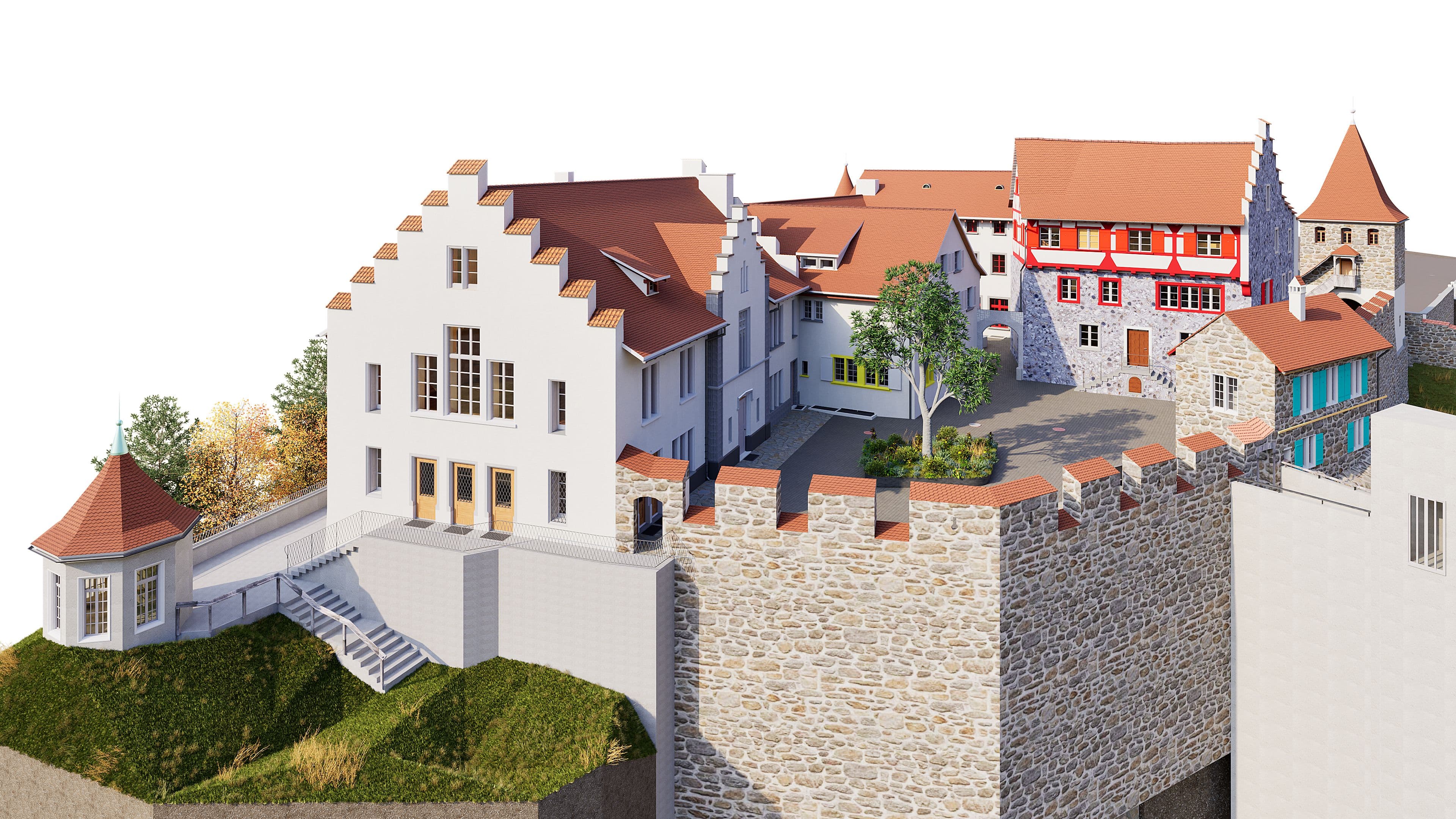 3D-Visualisierung einer historischen Burganlage mit roten Ziegeldächern, Innenhof, Mauern und Türmen auf einem Hügel, Blick aus der Vogelperspektive.