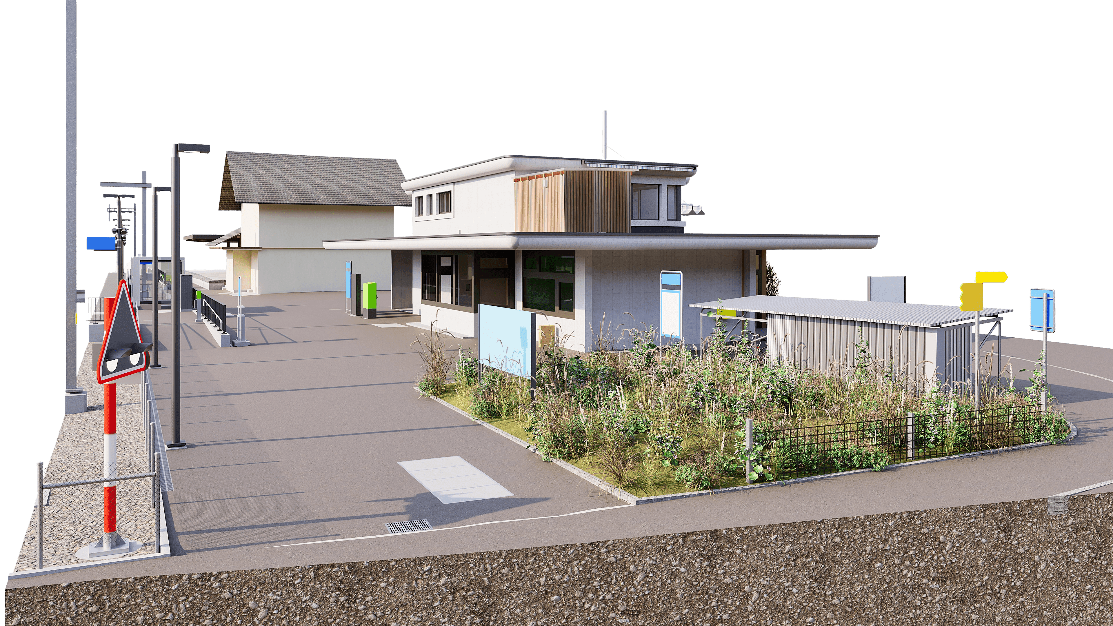 3D-Visualisierung einer modernen Bahnhofsanlage mit Bahnsteig, Gebäuden, Schildern, Wegführung und Grünflächen; Ansicht der Station aus schräger Perspektive für Architektur- und Verkehrsplanung.