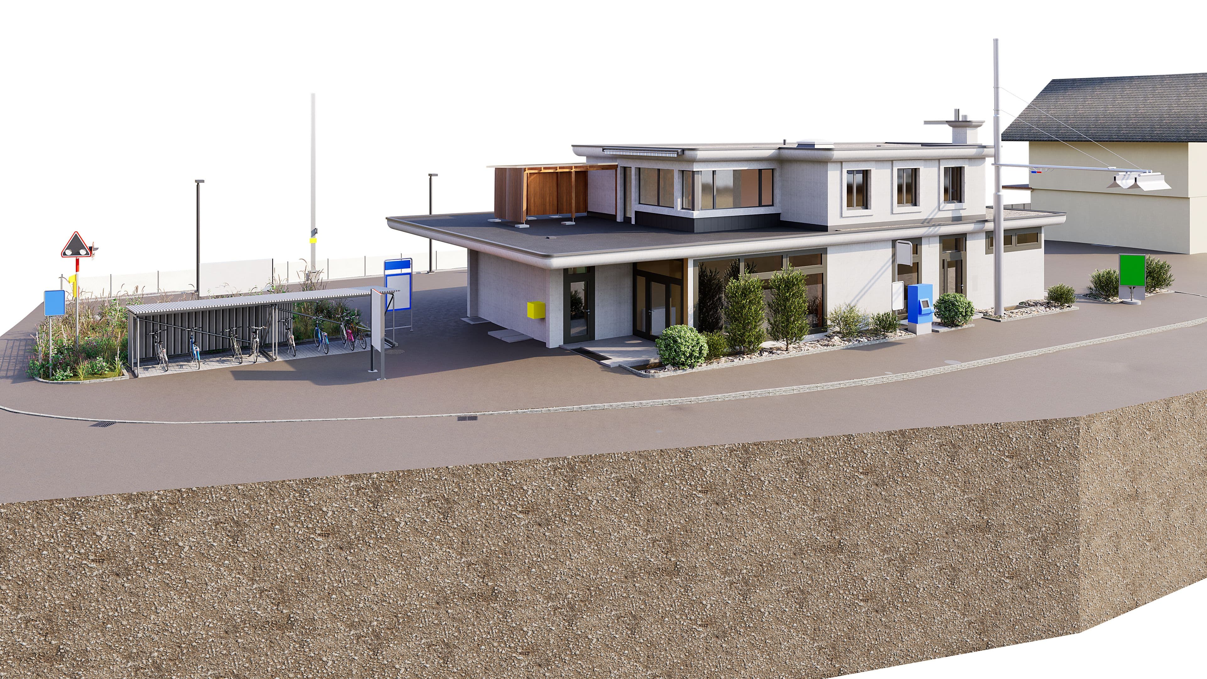 3D-Architekturvisualisierung eines modernen zweigeschossigen Gebäudes an einer Straßenkurve mit Fahrradunterstand, Parkplatz, Büschen und Nachbarhaus, helle Fassade und Flachdach.