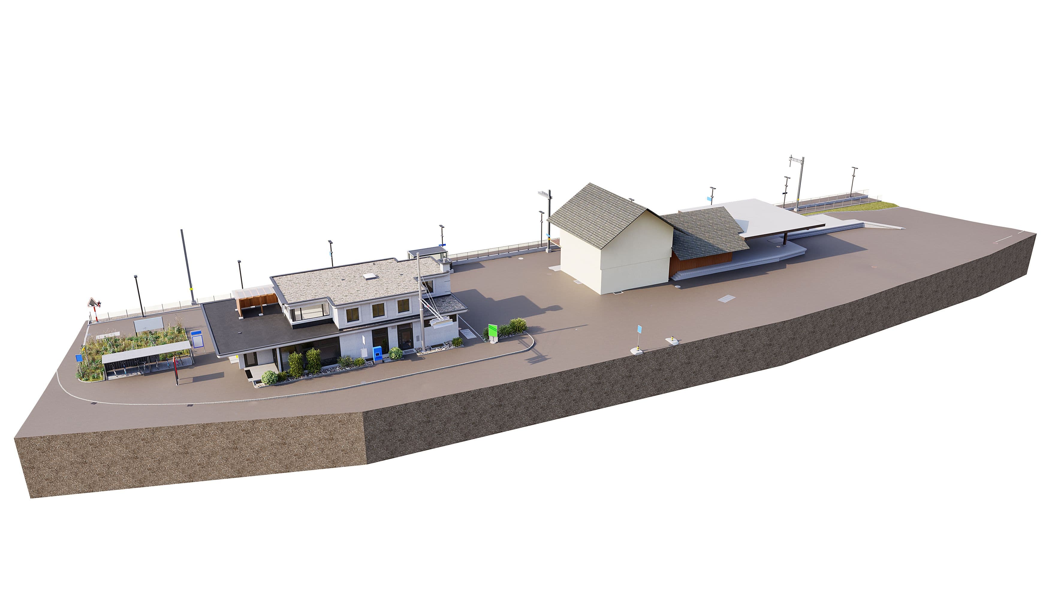 3D-Rendering eines kleinen Bahnhofs mit Bahnsteigen, Empfangsgebäude, Gleisen, Unterführung und Umfeld auf einem Geländesockel, perspektivische Gesamtansicht.