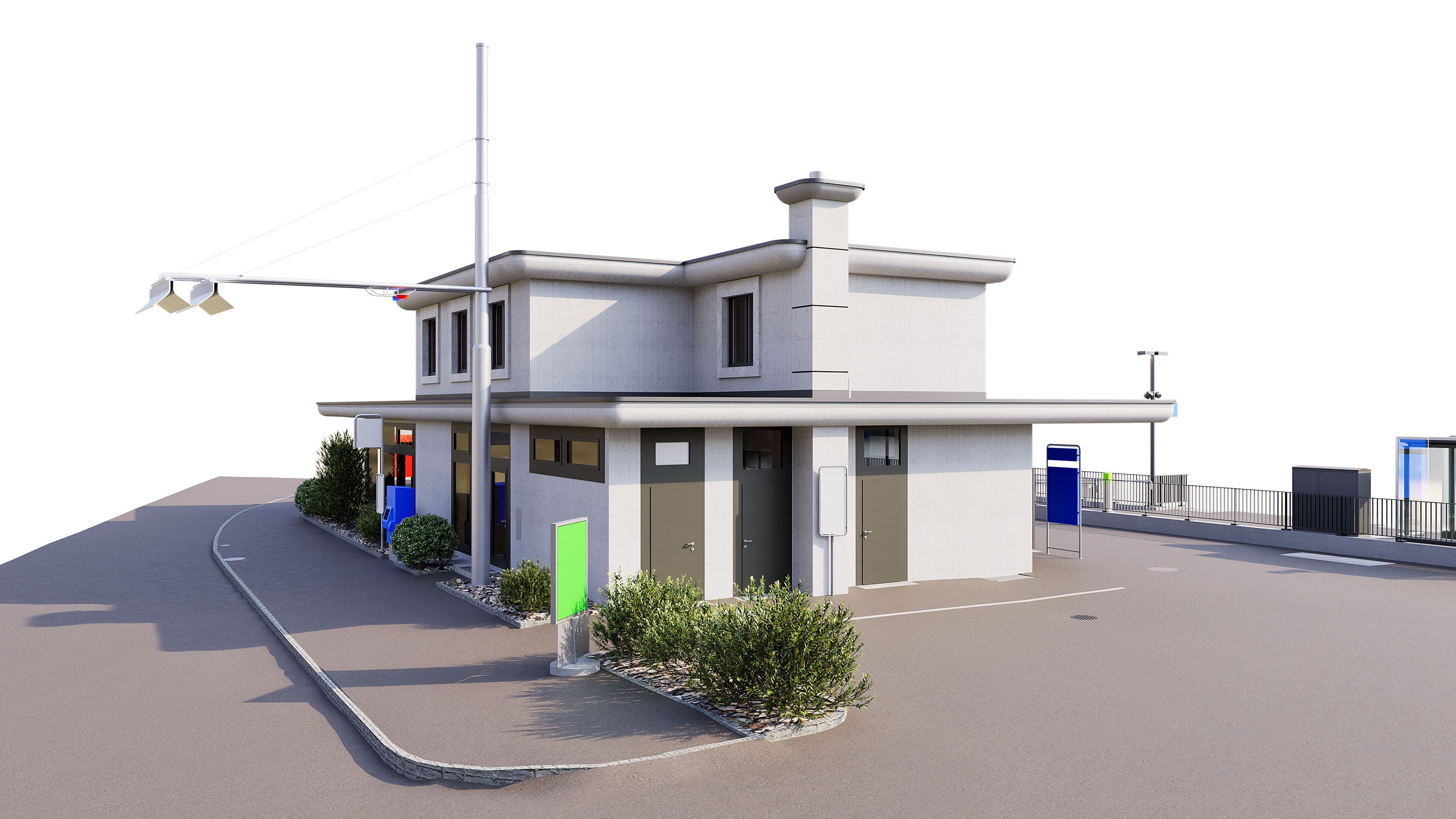 3D-Visualisierung eines modernen, zweigeschossigen Gebäudes an einer Straßenkurve mit Gehweg, Laternenmast, Büschen und Einfahrt; helle Fassade mit Flachdach und Fenstern, Außenbereich mit Parkplatz und Zaun.