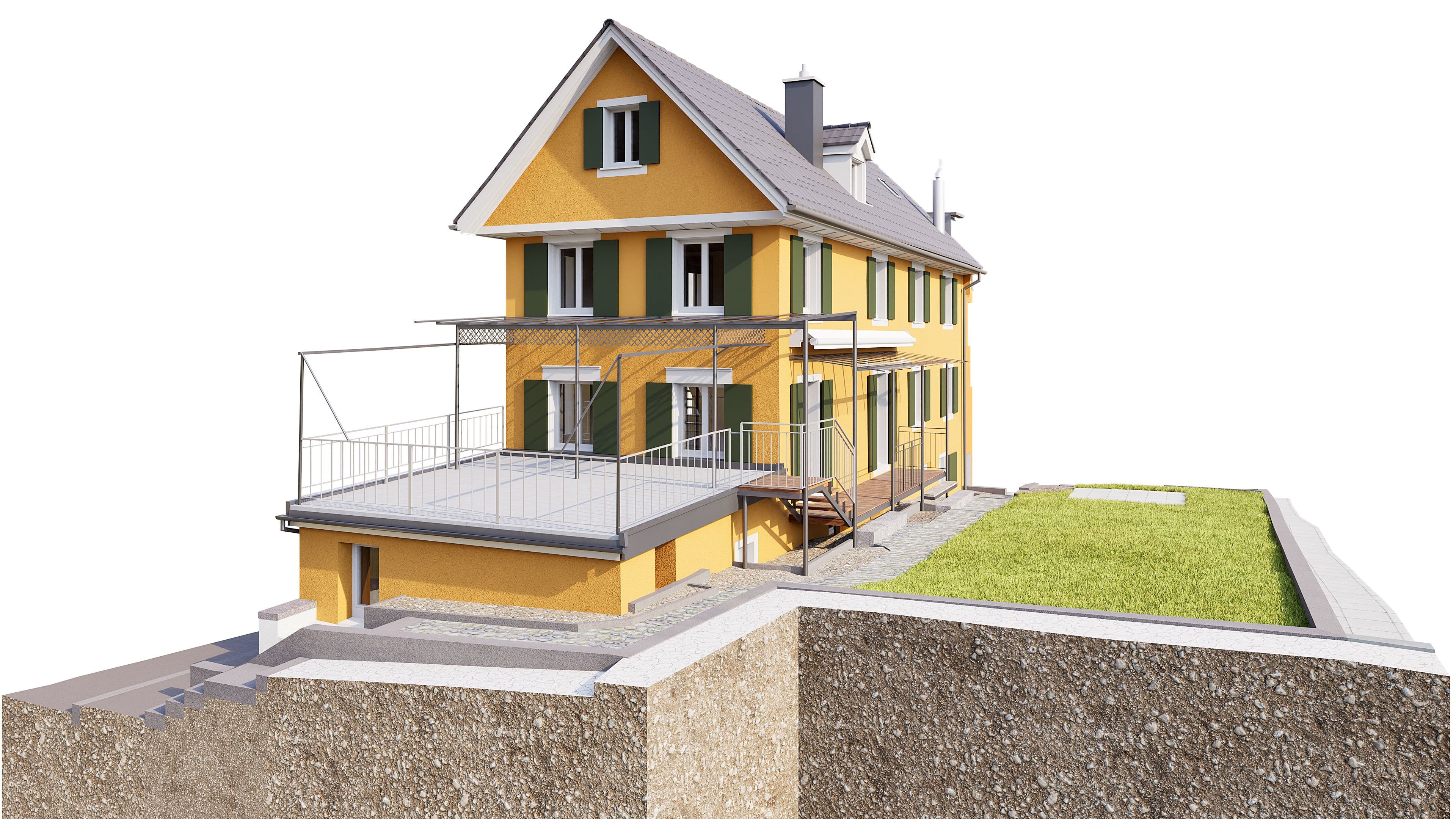 3D-Visualisierung eines gelben Einfamilienhauses mit Satteldach, großer Terrasse und Balkon, Kelleransicht im Schnitt, Treppe und Rasenfläche auf weißem Hintergrund.