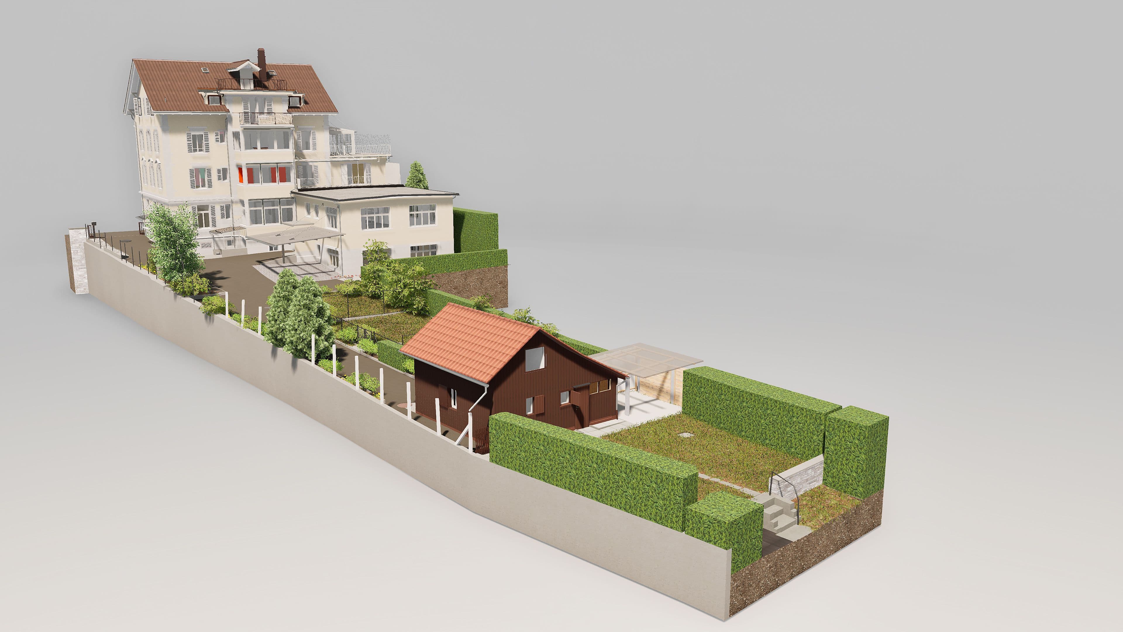 3D-Modell eines mehrstöckigen Gebäudes mit angrenzendem Garten und Nebengebäuden.