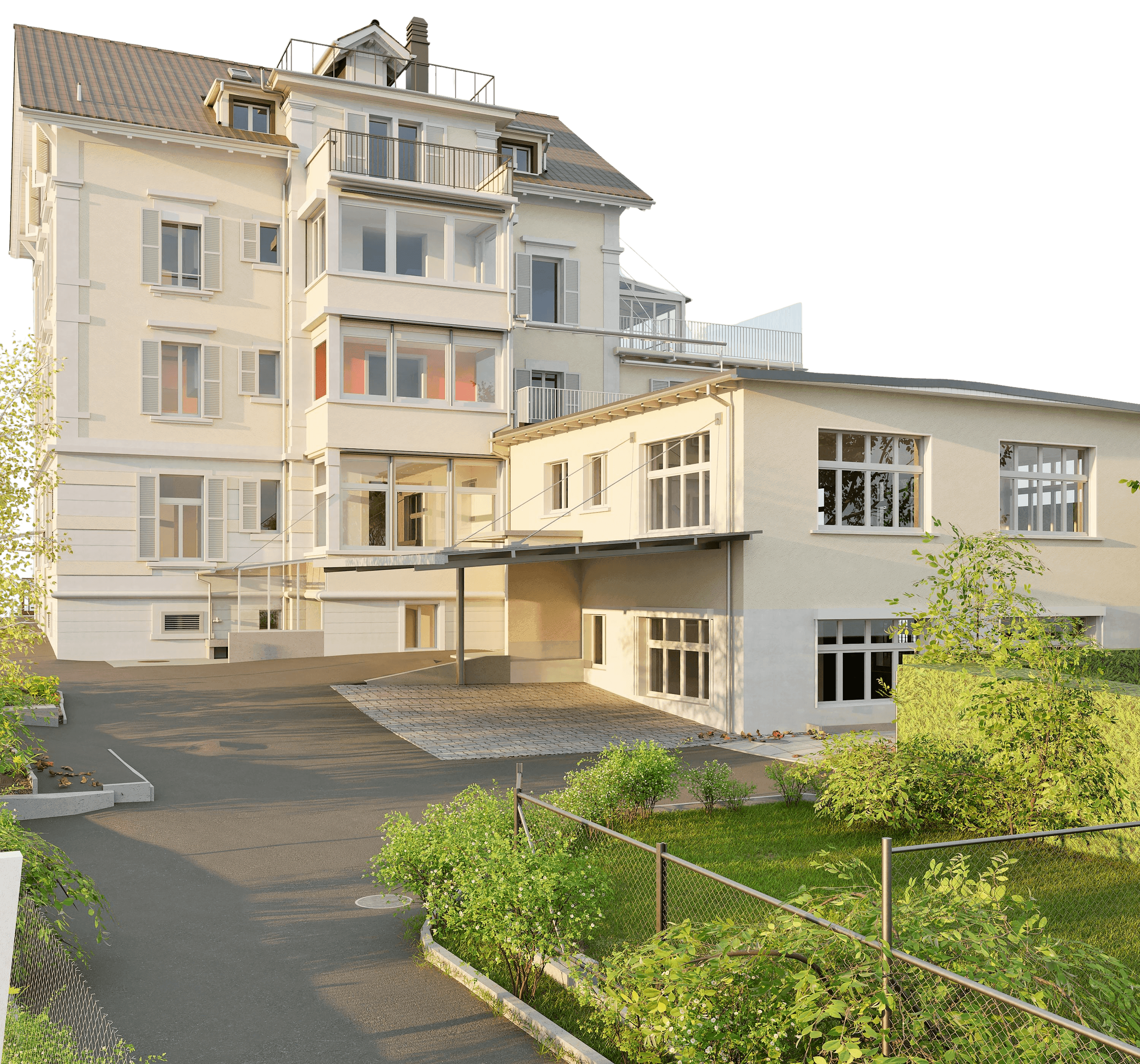 Mehrstöckiges weißes Gebäude mit moderner Architektur und Gartenanlage im Vordergrund.