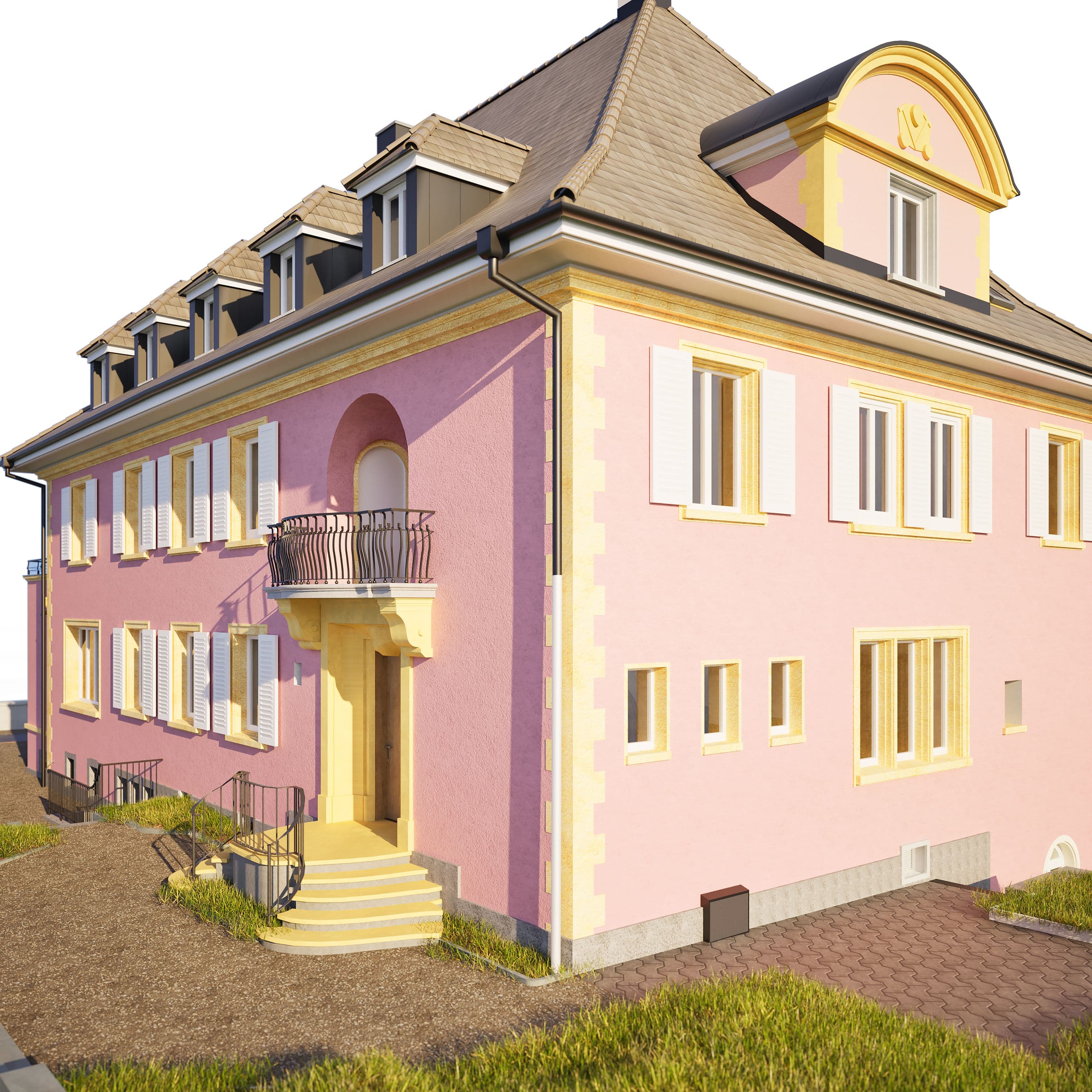 Rosa Haus mit mehreren Gauben, gelben Akzenten und einem Balkon im klassischen Stil.