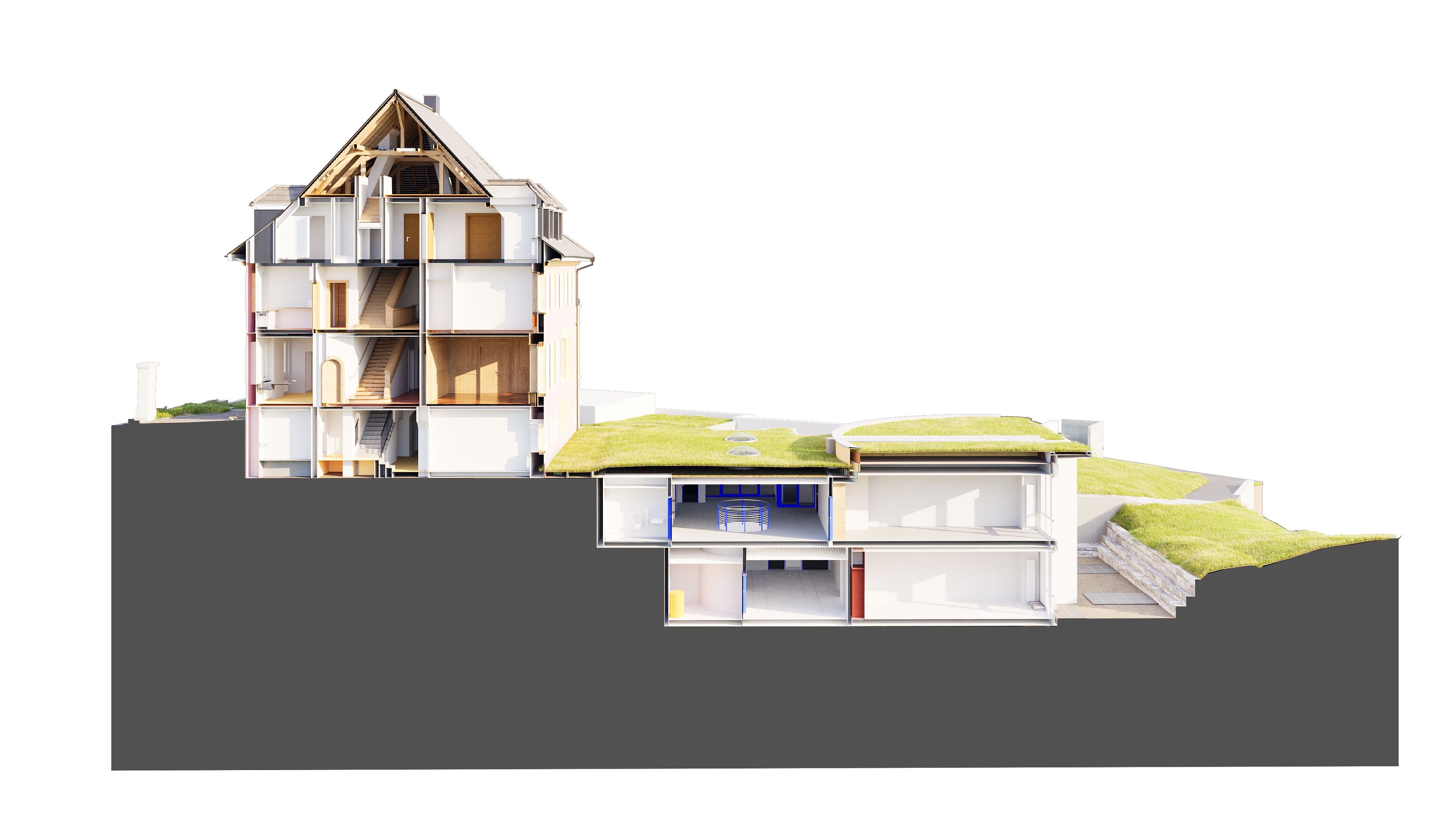 Querschnitt eines mehrstöckigen Hauses mit modernem, nachhaltigem Design und grünen Dachflächen.