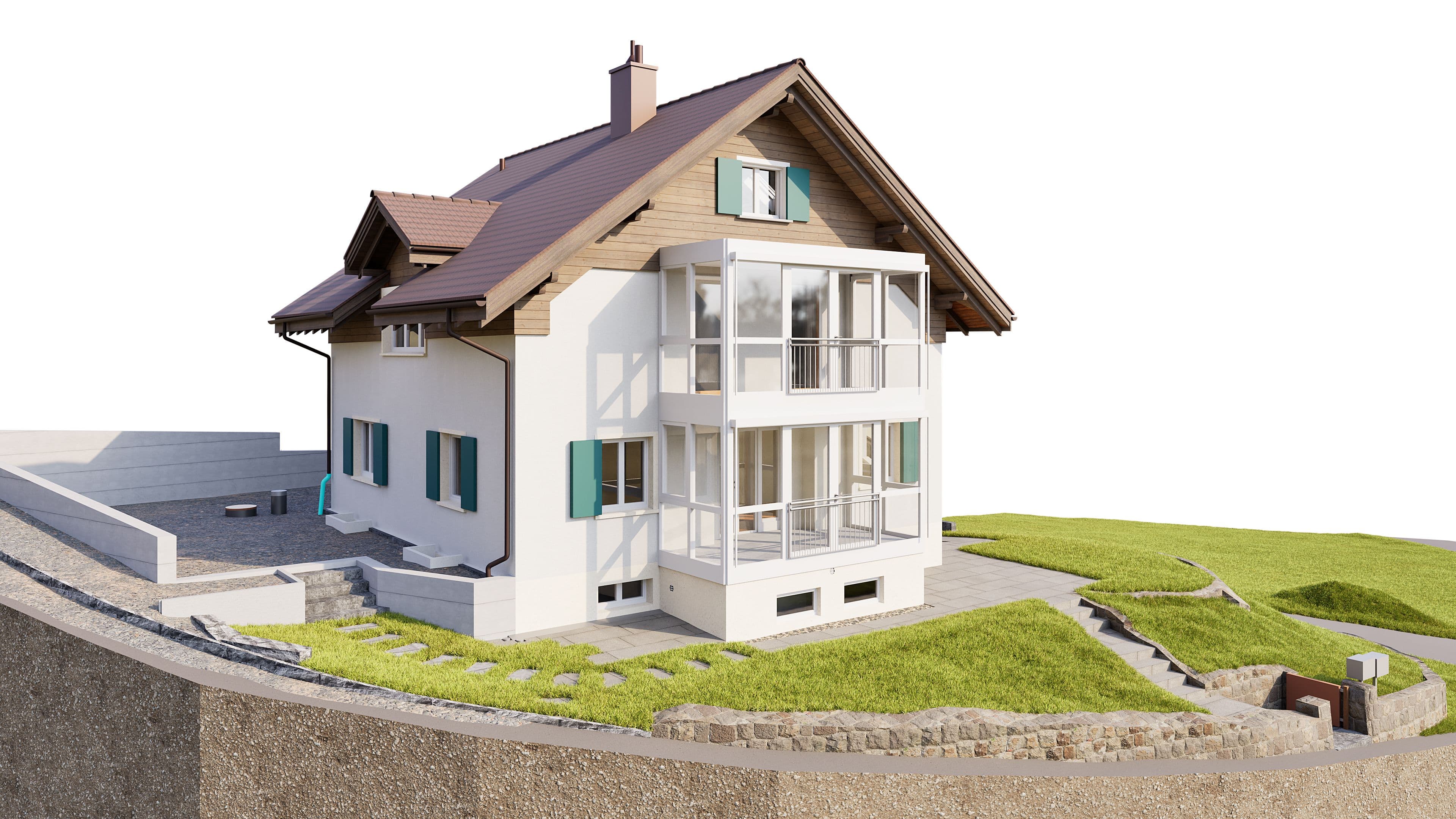 Ein modernes Einfamilienhaus mit Balkon, grünem Garten und Keller in Hanglage.