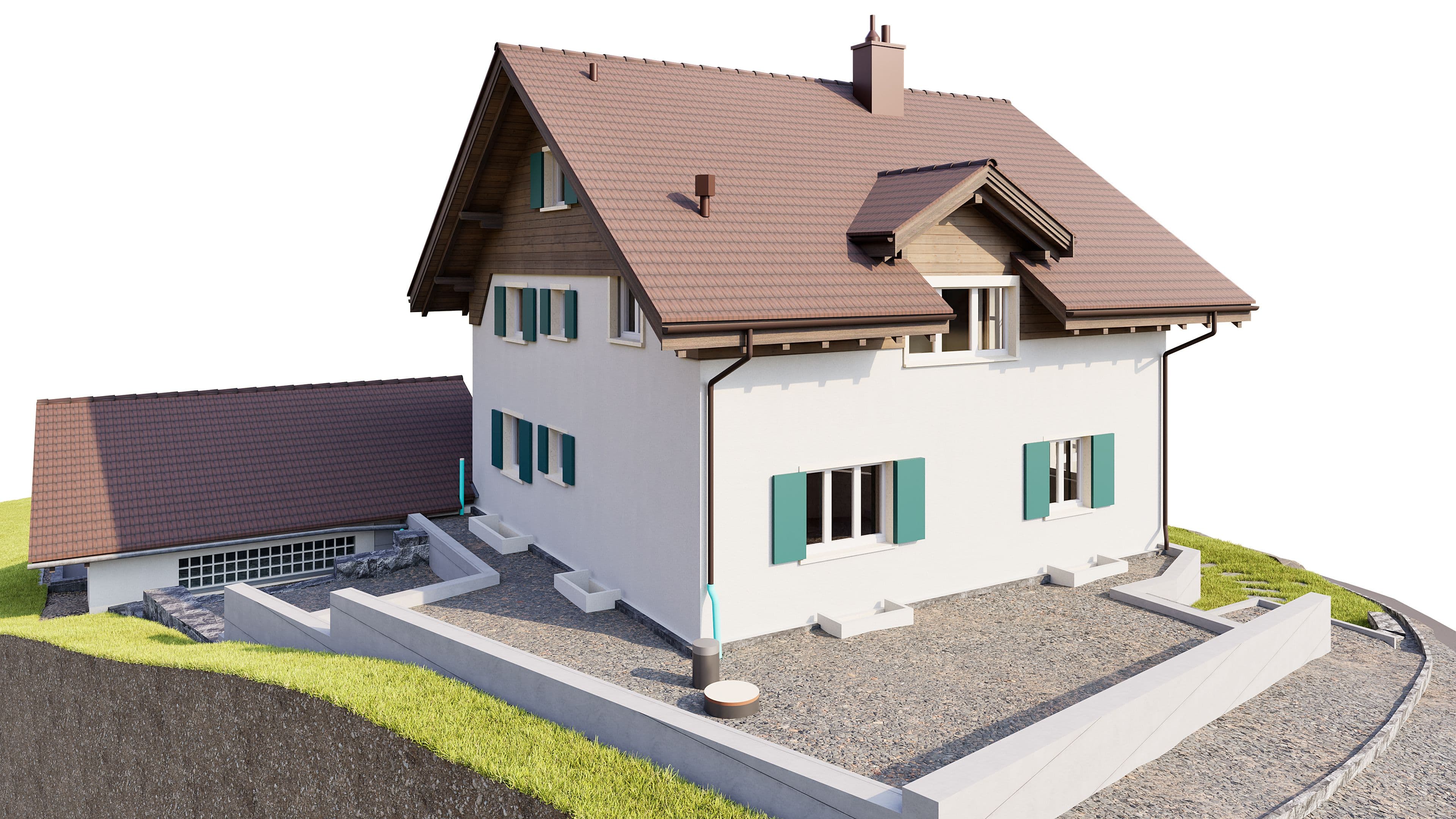 Ein modernes Einfamilienhaus mit rotem Satteldach, weißen Wänden und grünen Fensterläden auf einem gepflegten Grundstück.