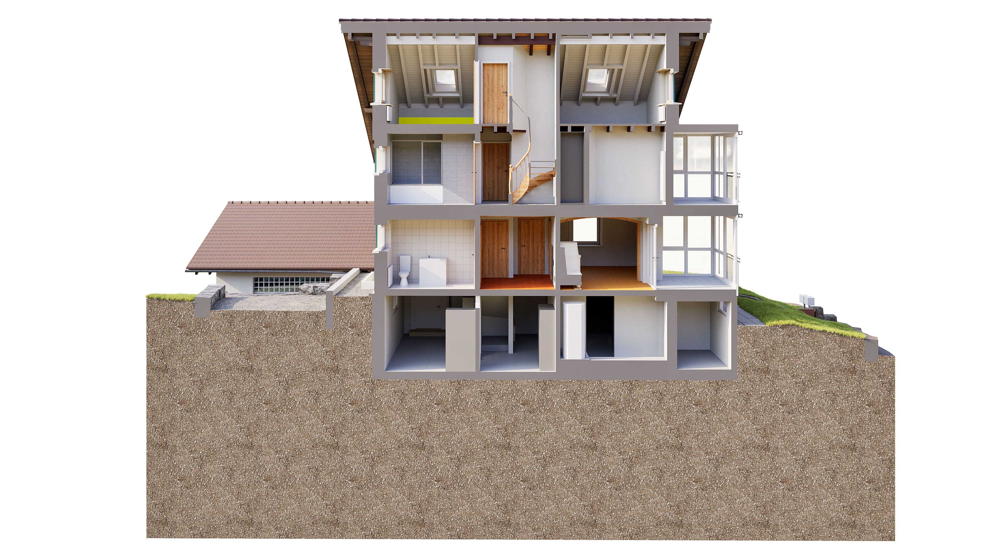Querschnitt eines mehrstöckigen Hauses mit detaillierter Ansicht der Innenräume, einschließlich Wohnzimmer, Küche, und Schlafzimmer. Ideal für Architekturplanung und Designinspiration.