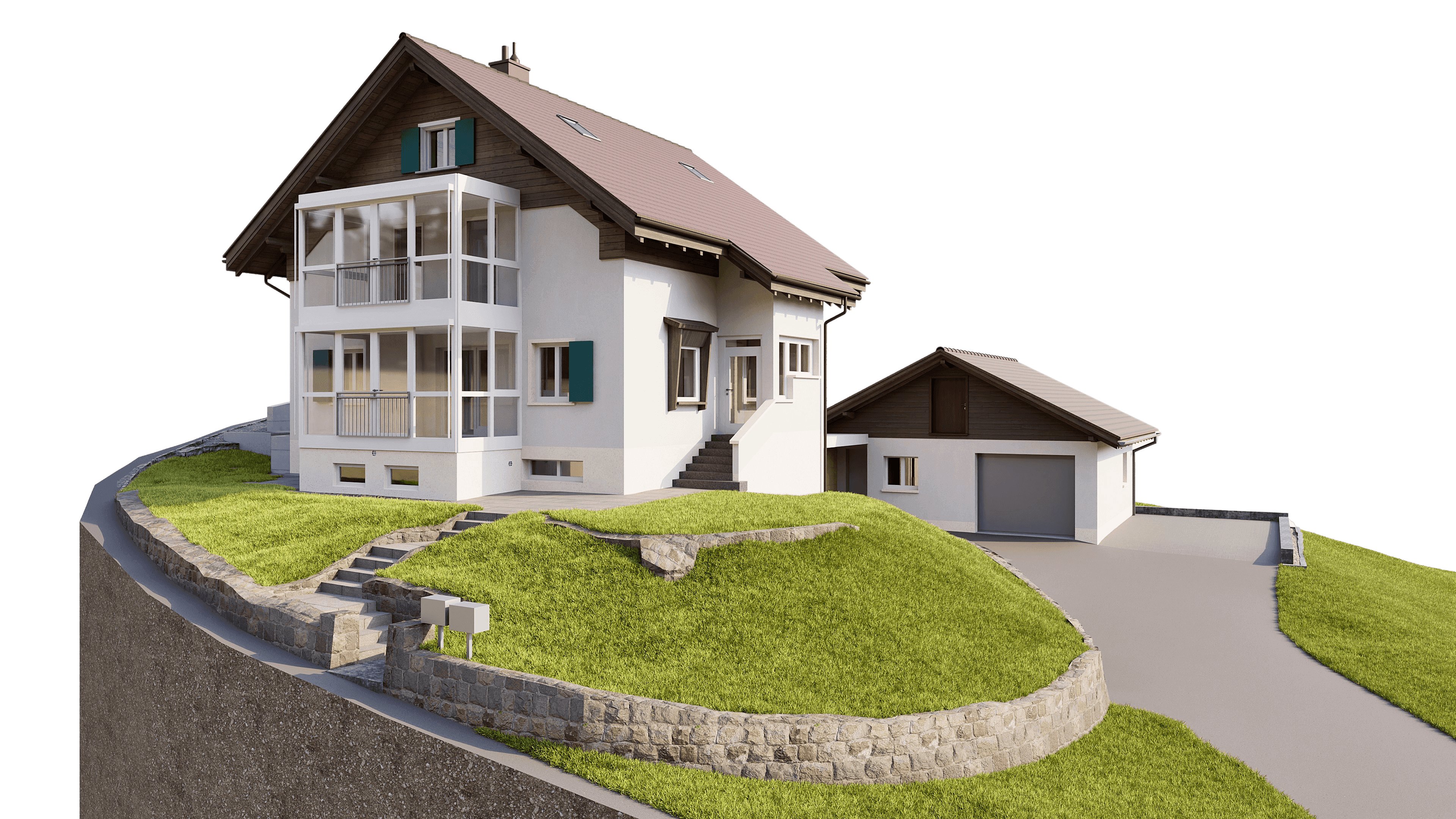 Ein modernes Einfamilienhaus auf einem Hang mit Garage, umgeben von gepflegtem Rasen und einer gepflasterten Auffahrt.