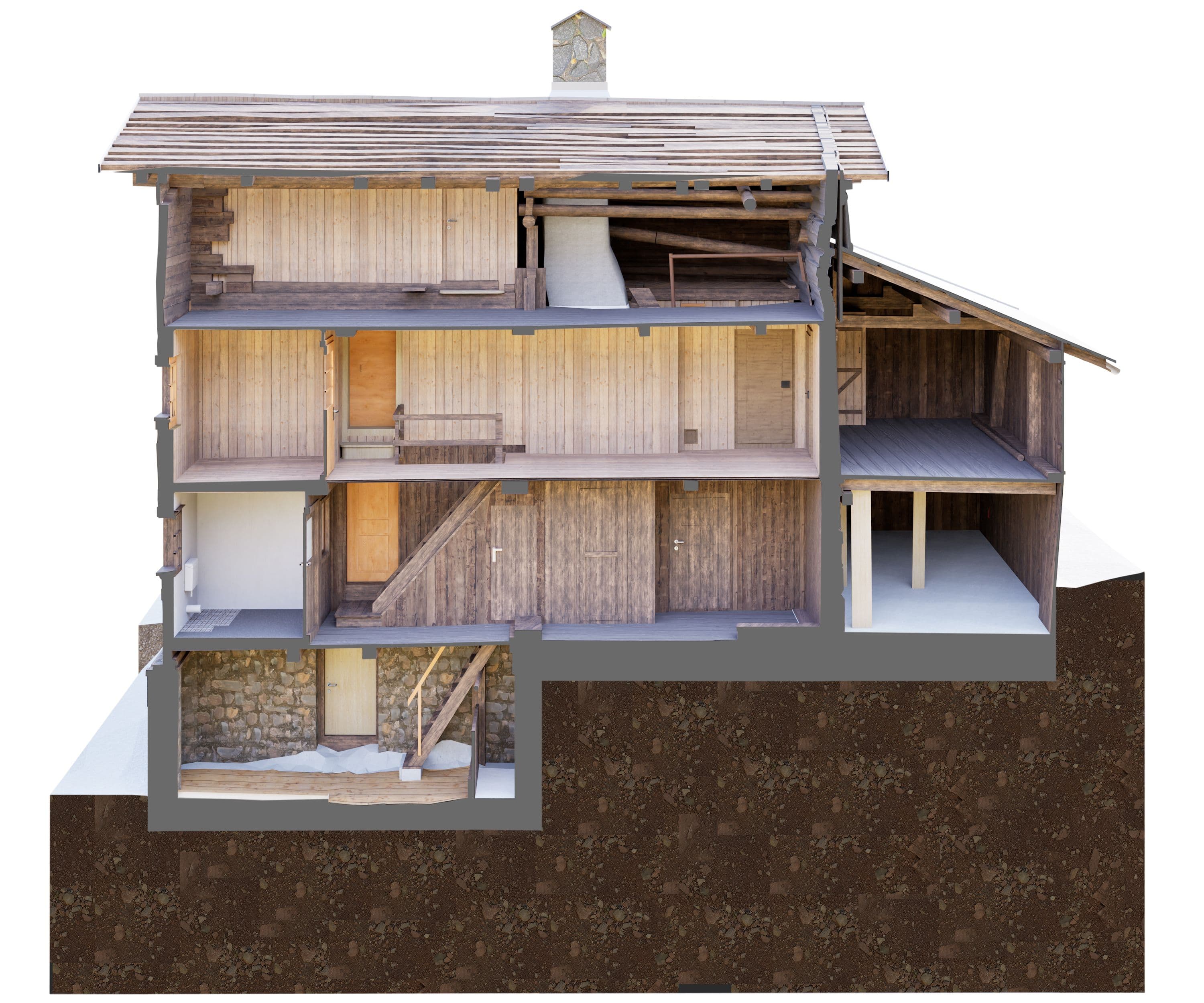 Schnitt durch ein historisches Wohnhaus in Graubünden als detailliertes 3D-BIM-Modell in Vectorworks mit sichtbarer Tragstruktur, Geschossen und Natursteinfundament.