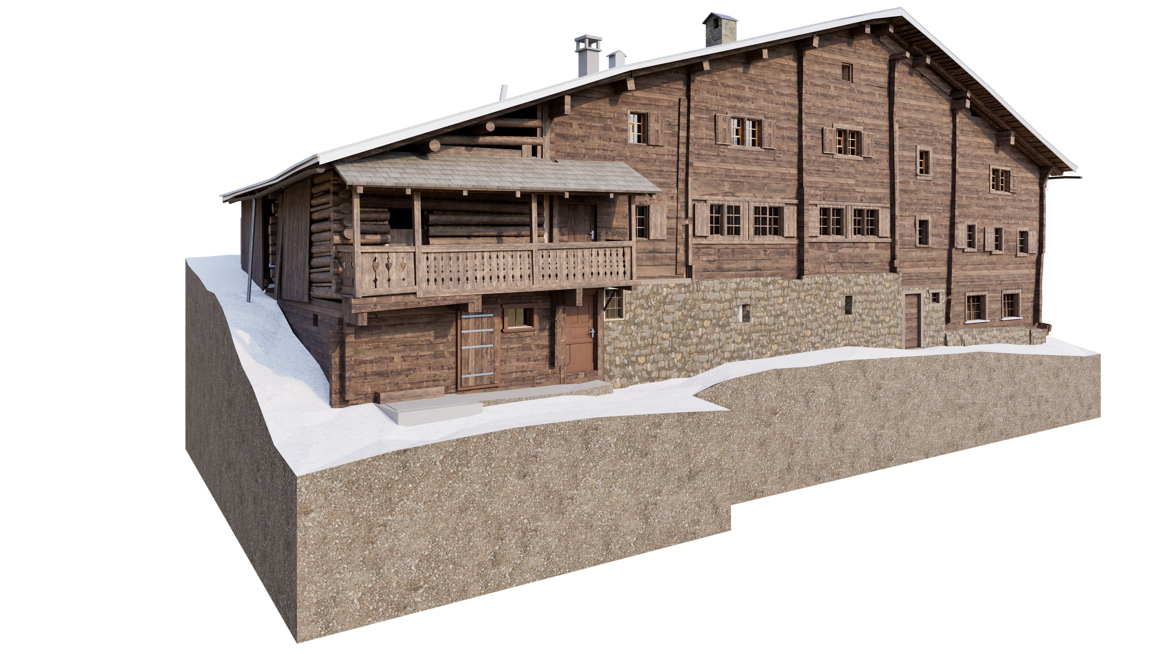 3D-Bestandesmodell eines historischen Bündner Holzhauses mit Natursteinsockel in Graubünden, modelliert in Vectorworks auf Basis präziser Gebäudeaufnahme.