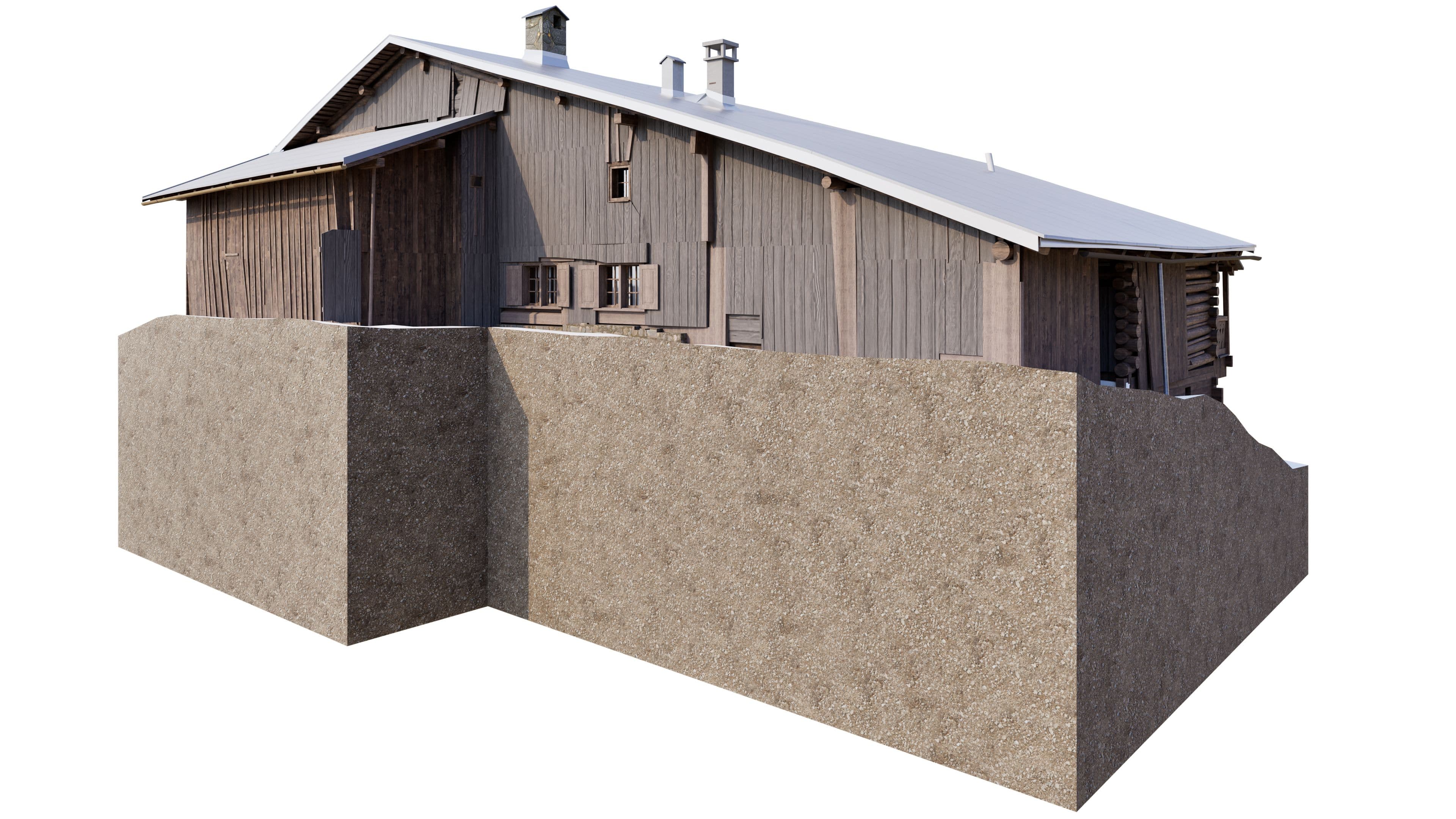 3D-Bestandesmodell eines historischen Bündner Holzhauses mit Natursteinsockel in Graubünden, modelliert in Vectorworks auf Basis präziser Gebäudeaufnahme.