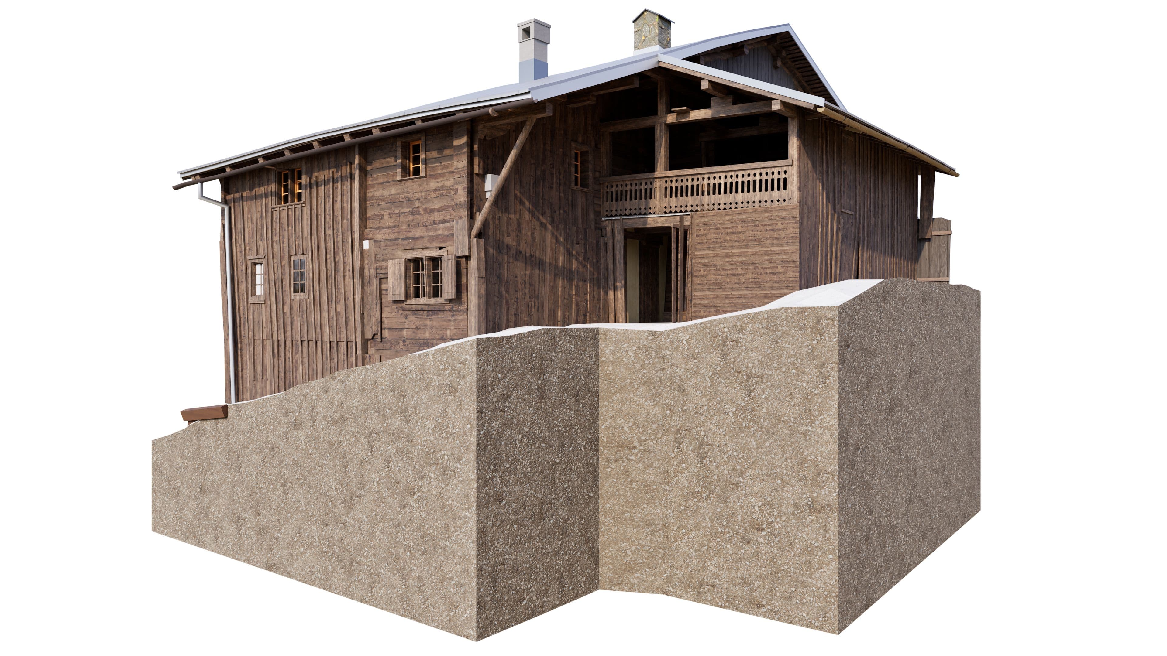 3D-Bestandesmodell eines historischen Bündner Holzhauses mit Natursteinsockel in Graubünden, modelliert in Vectorworks auf Basis präziser Gebäudeaufnahme.