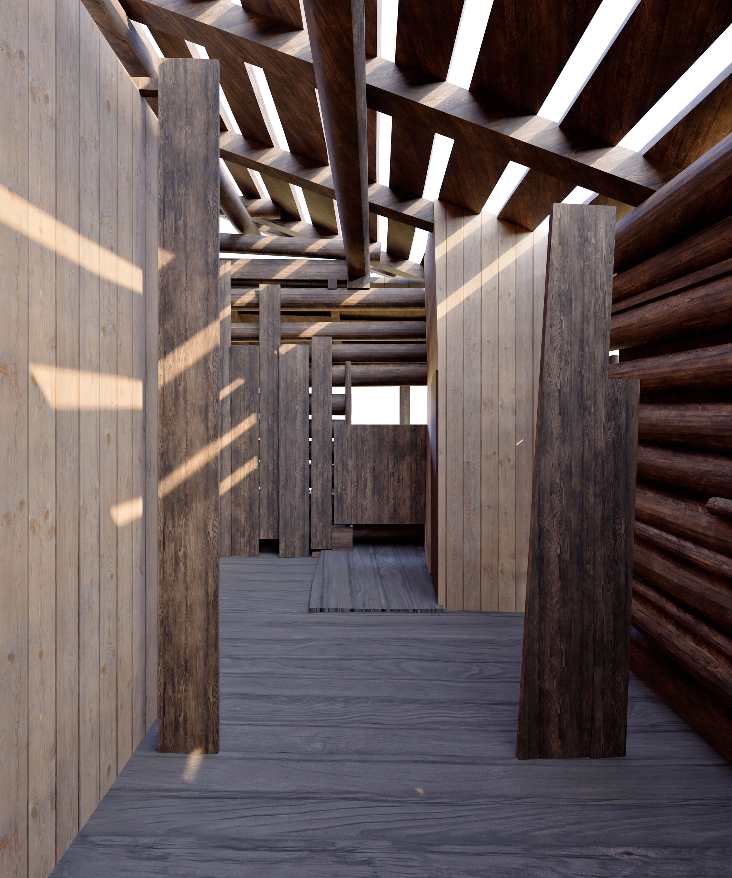 3D Modell einer rustikalen Holzhütte mit Holzbalken, Holzpanelen und Lichteinfall durch Dachlatten, schmaler Gang und offene Türrahmen, 3D-Rendering einer Holzkonstruktion im Bau.