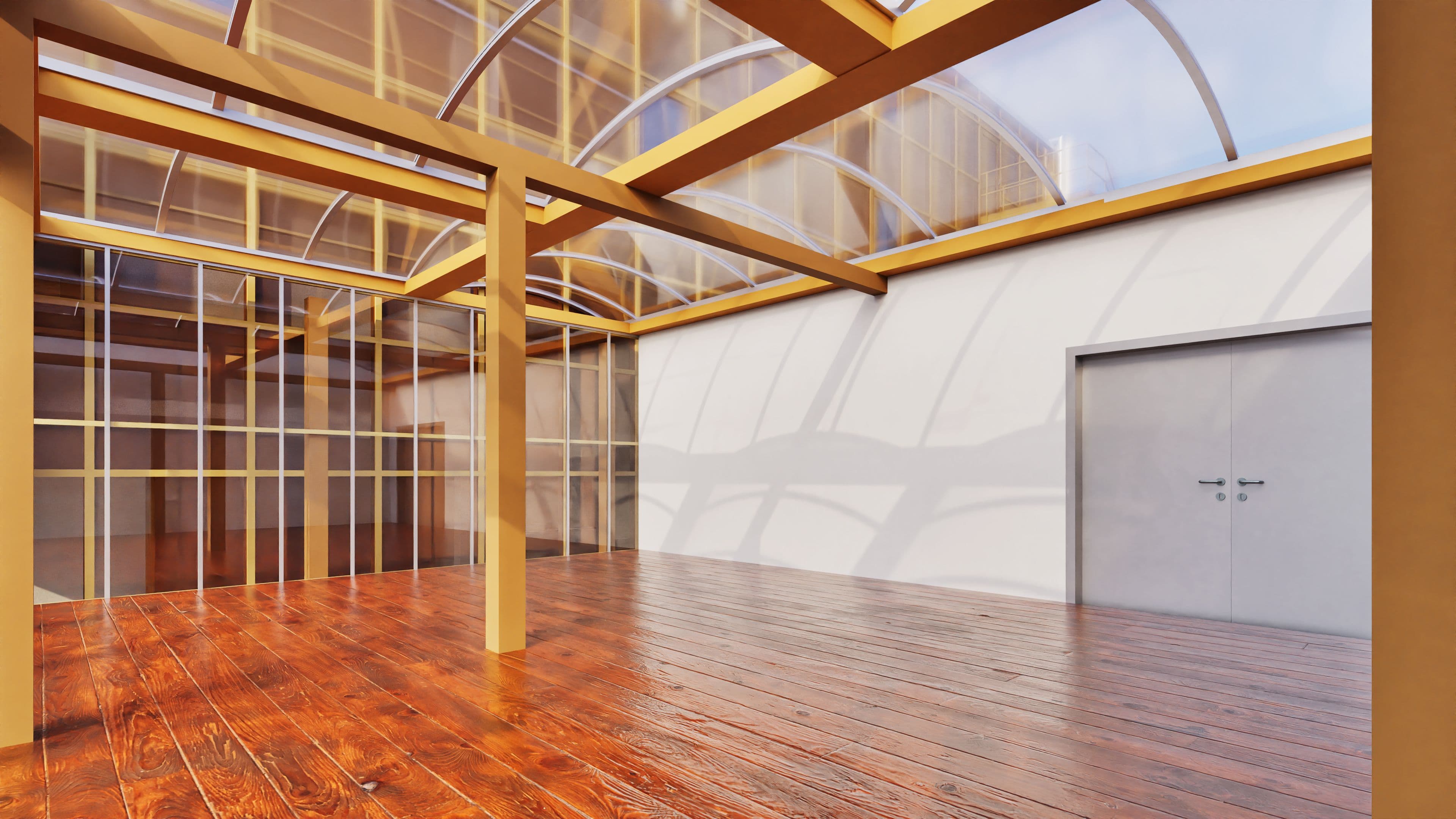 Heller Innenraum mit Holzfußboden, großen Glaswänden und transparentem Tonnengewölbe-Dach; sichtbare Holzbalken und graue Doppeltür an weißer Wand.