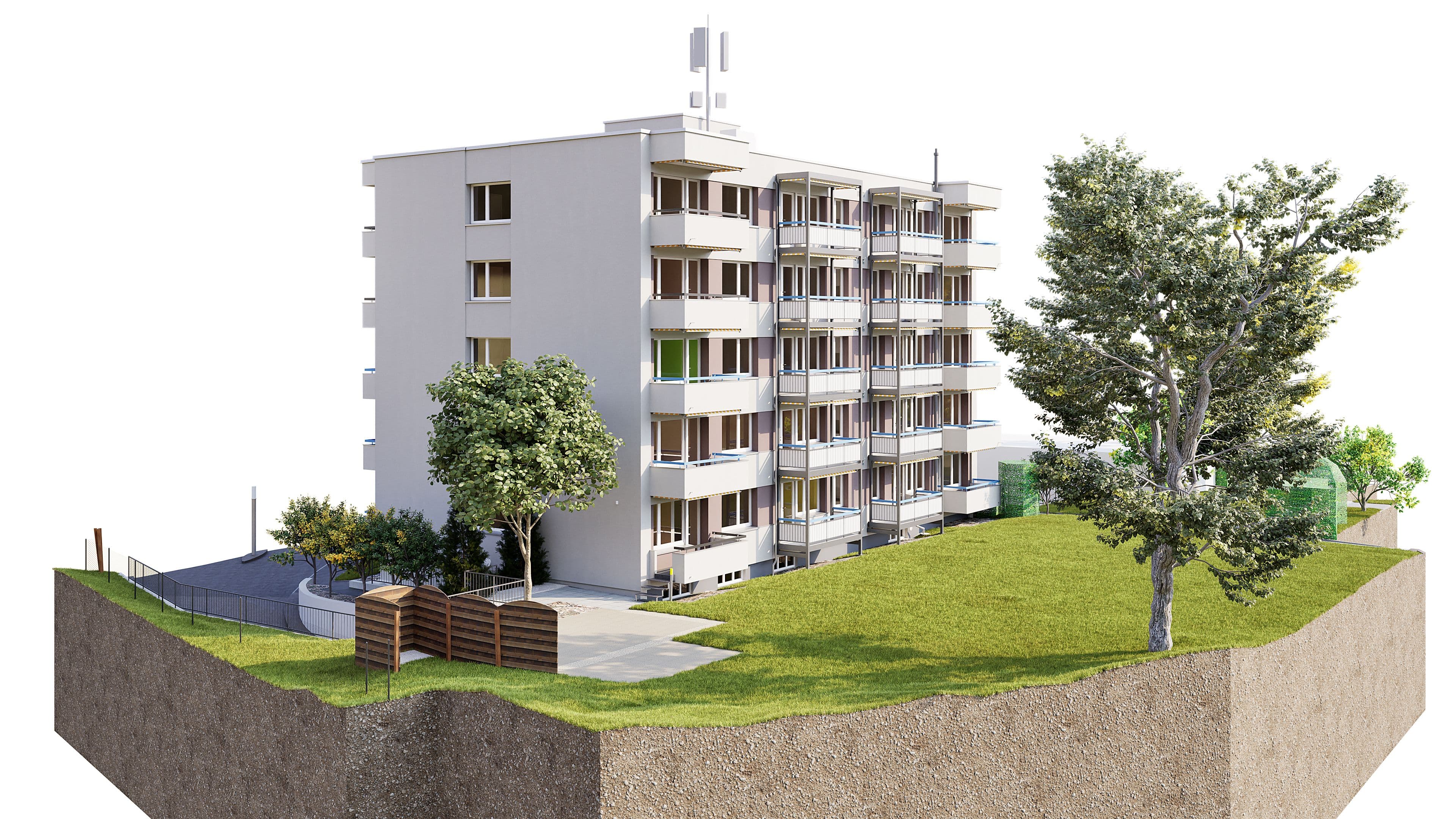 3D-Rendering eines modernen Mehrfamilienhauses mit Balkonen auf grünem Grundstück, Bäume und Gehweg, aufgeschnittene Erdschicht als Architektur-Visualisierung.