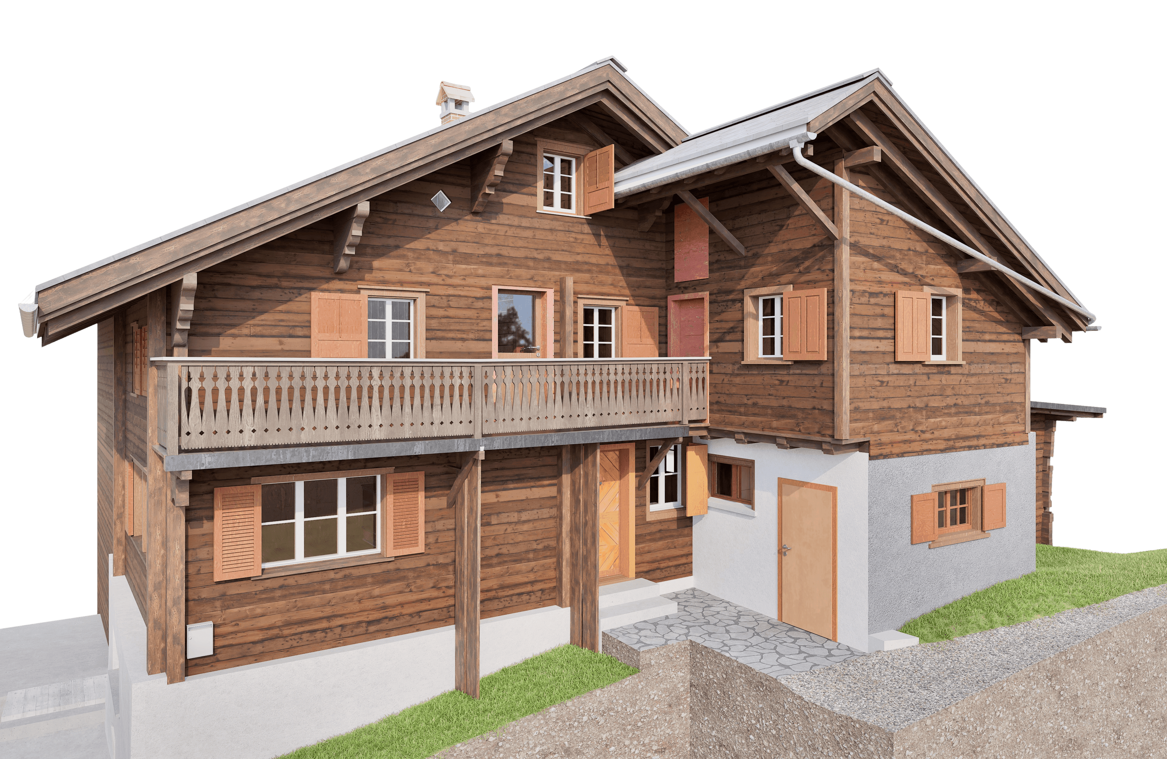 Ein traditionelles Holzhaus im alpinen Stil mit Balkon und Fensterläden, auf einem grasbewachsenen Hang gebaut.