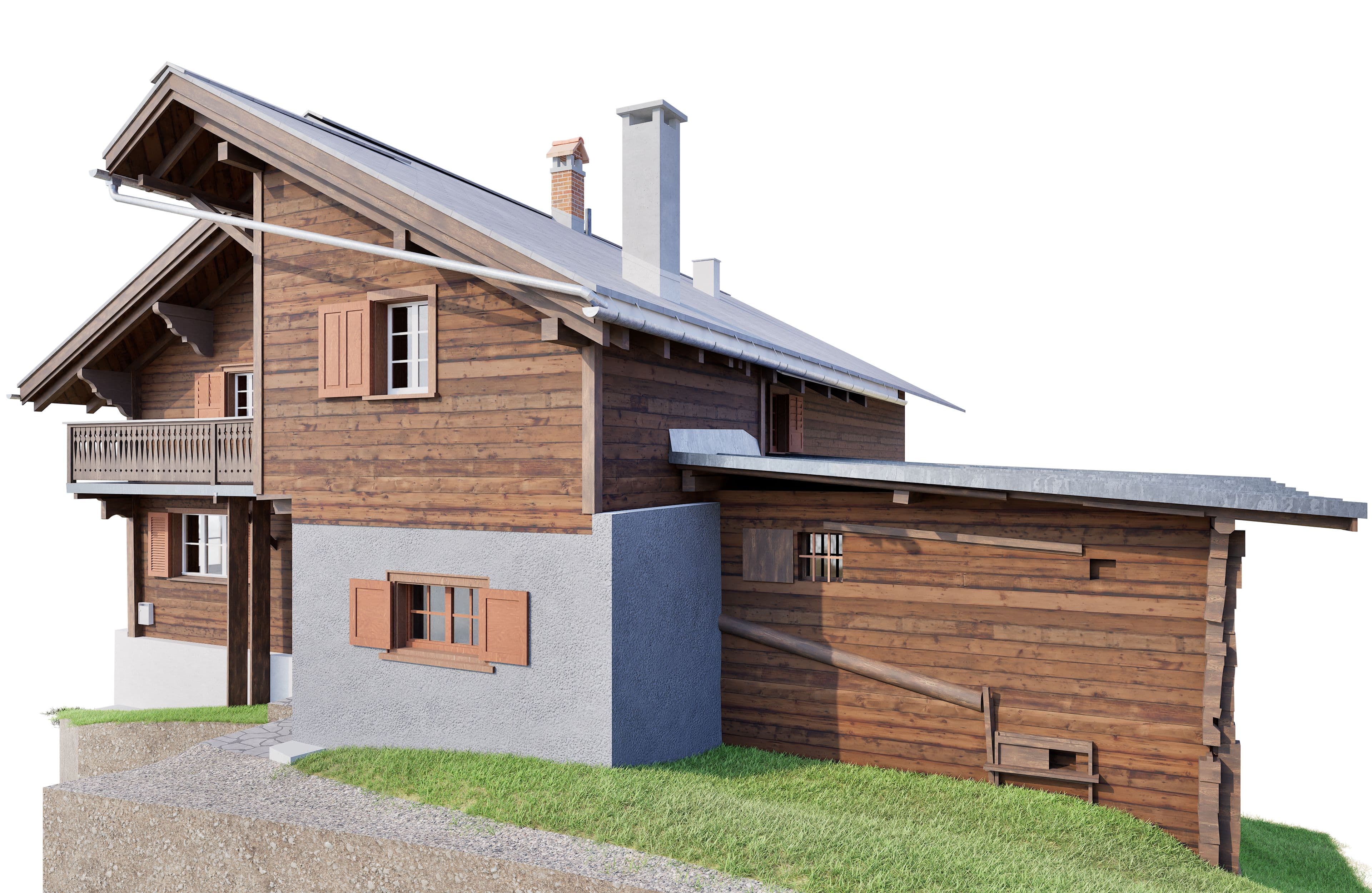 Ein traditionelles Holzchalet auf einem grasbewachsenen Hügel, mit Fensterläden und einem Balkon.