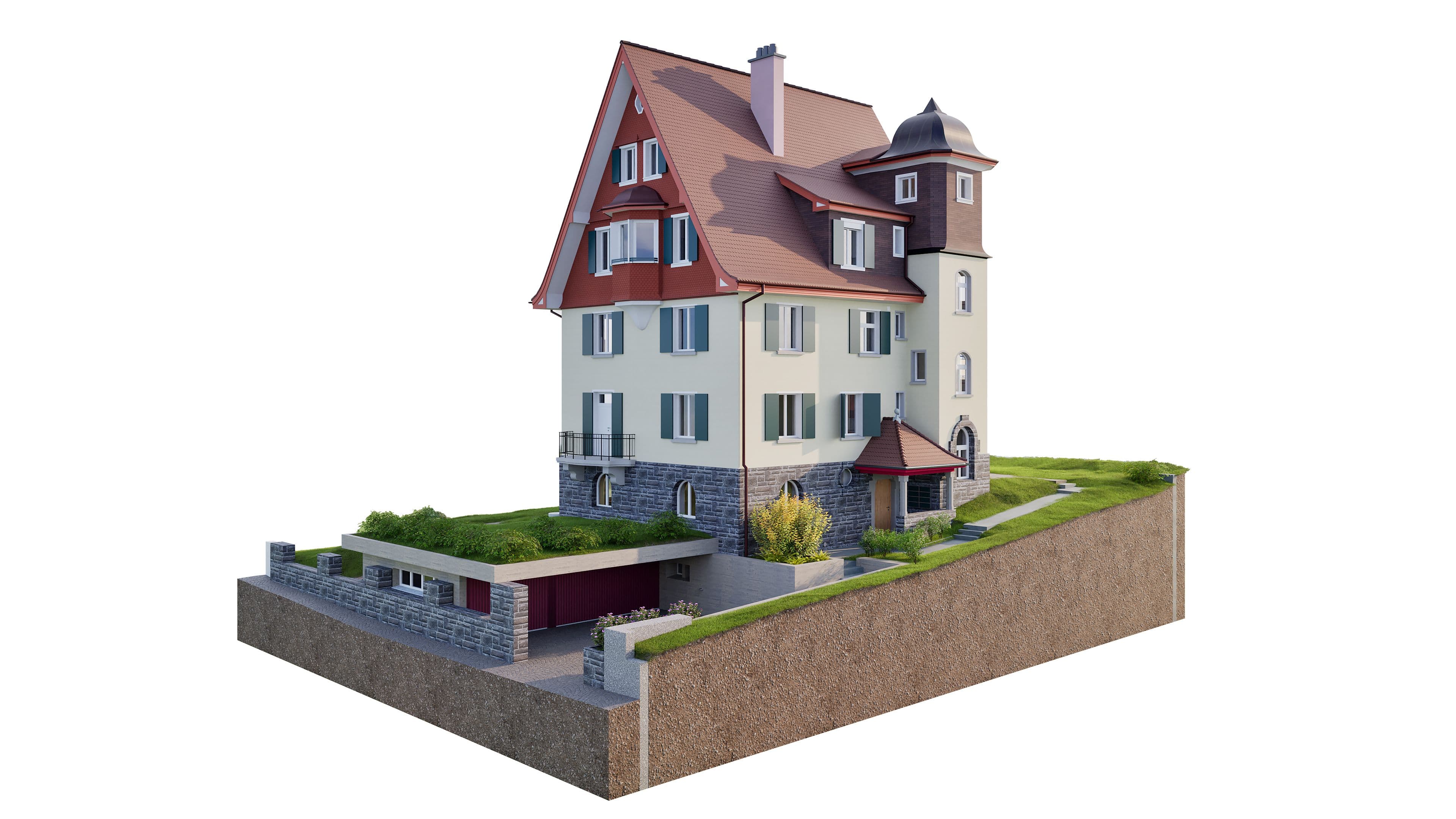 Dreistöckiges Haus mit Spitzgiebel, rotem Dach und modernem Keller auf einem erhöhten Grundstück.