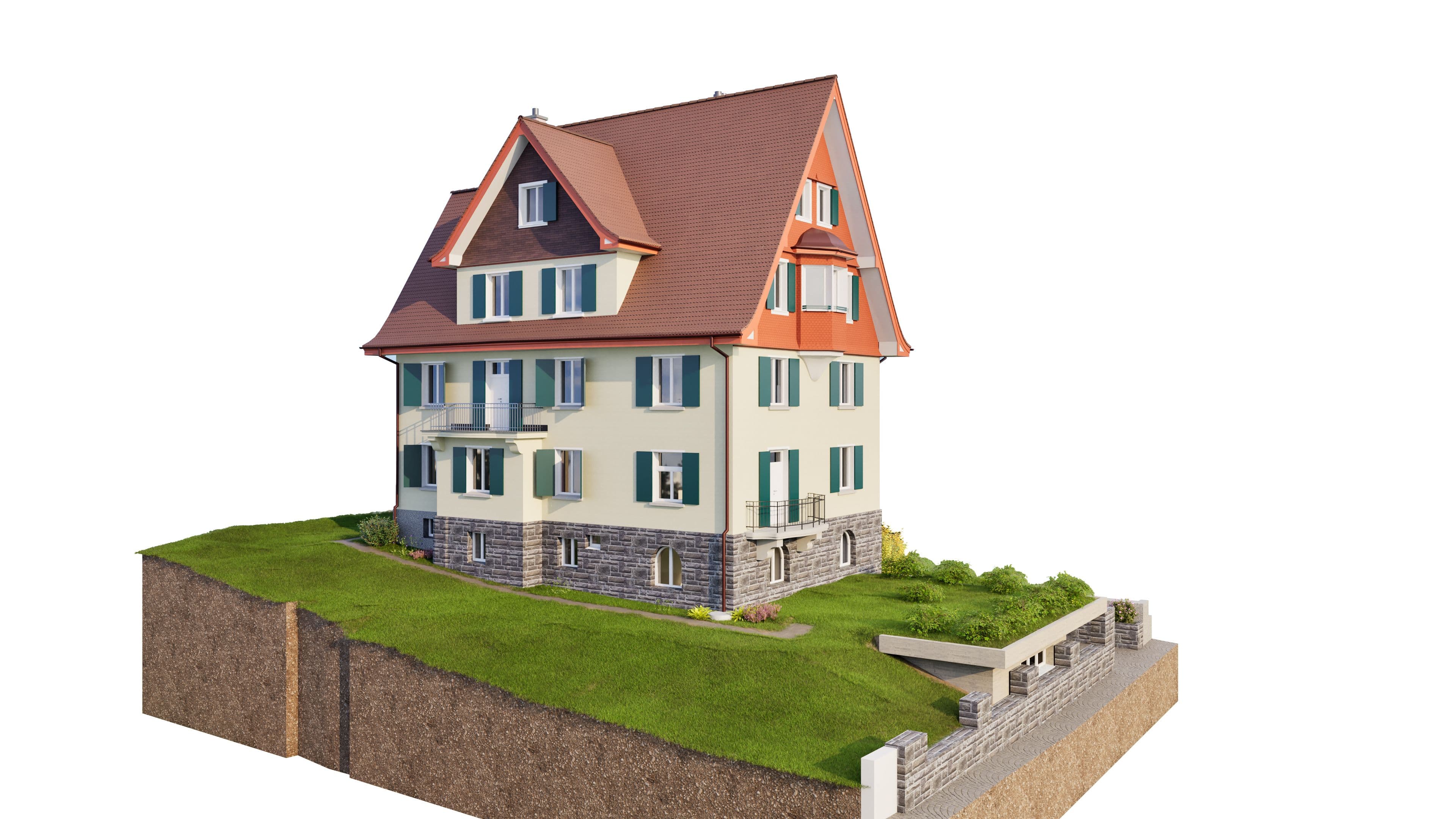 Freistehendes Einfamilienhaus mit rotem Dach, Putzfassade und Dachgauben auf angehobenem Gelände.
