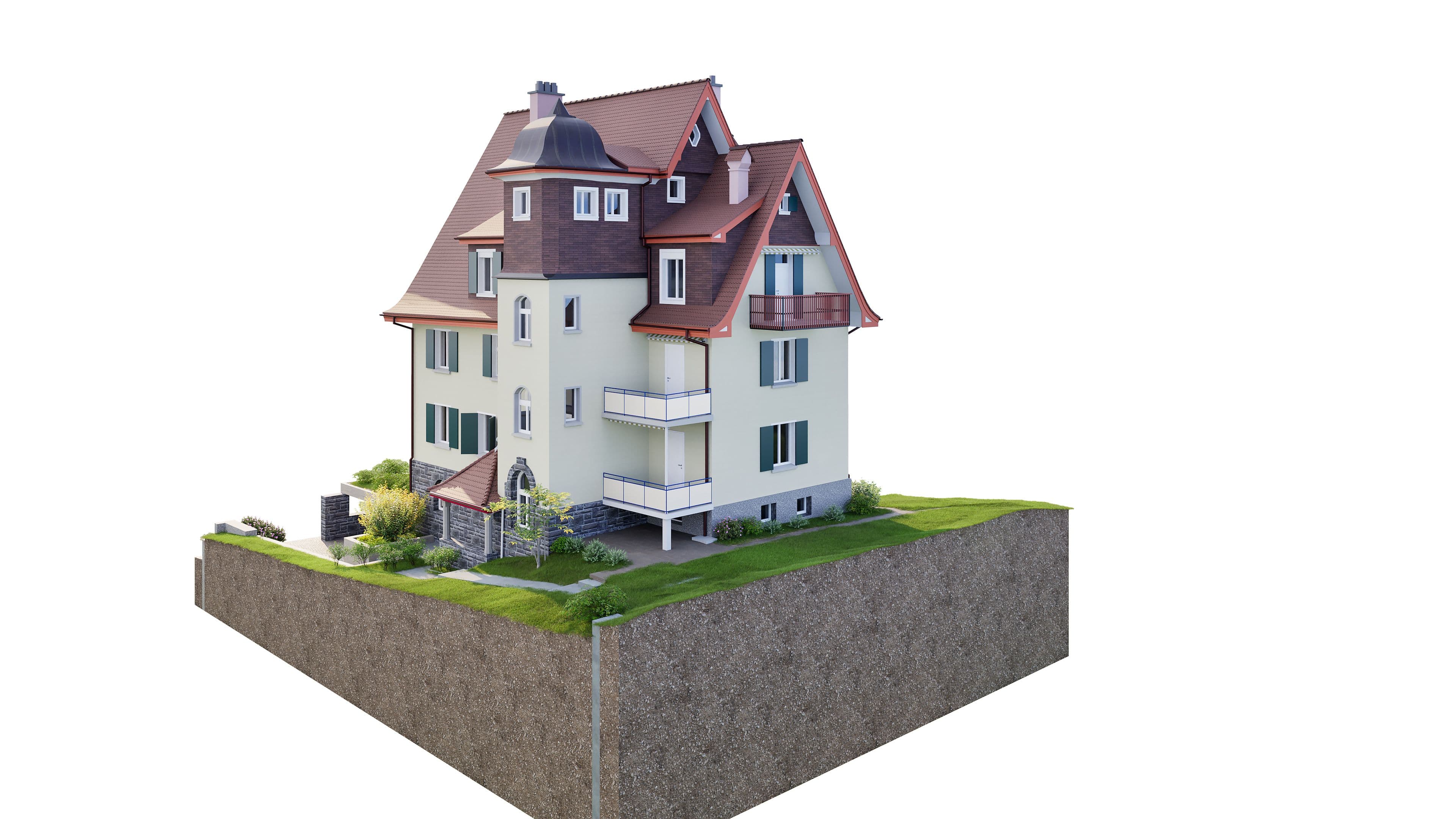 Großes, modernes Haus mit rotem Dach auf einem isolierten Grundstück.