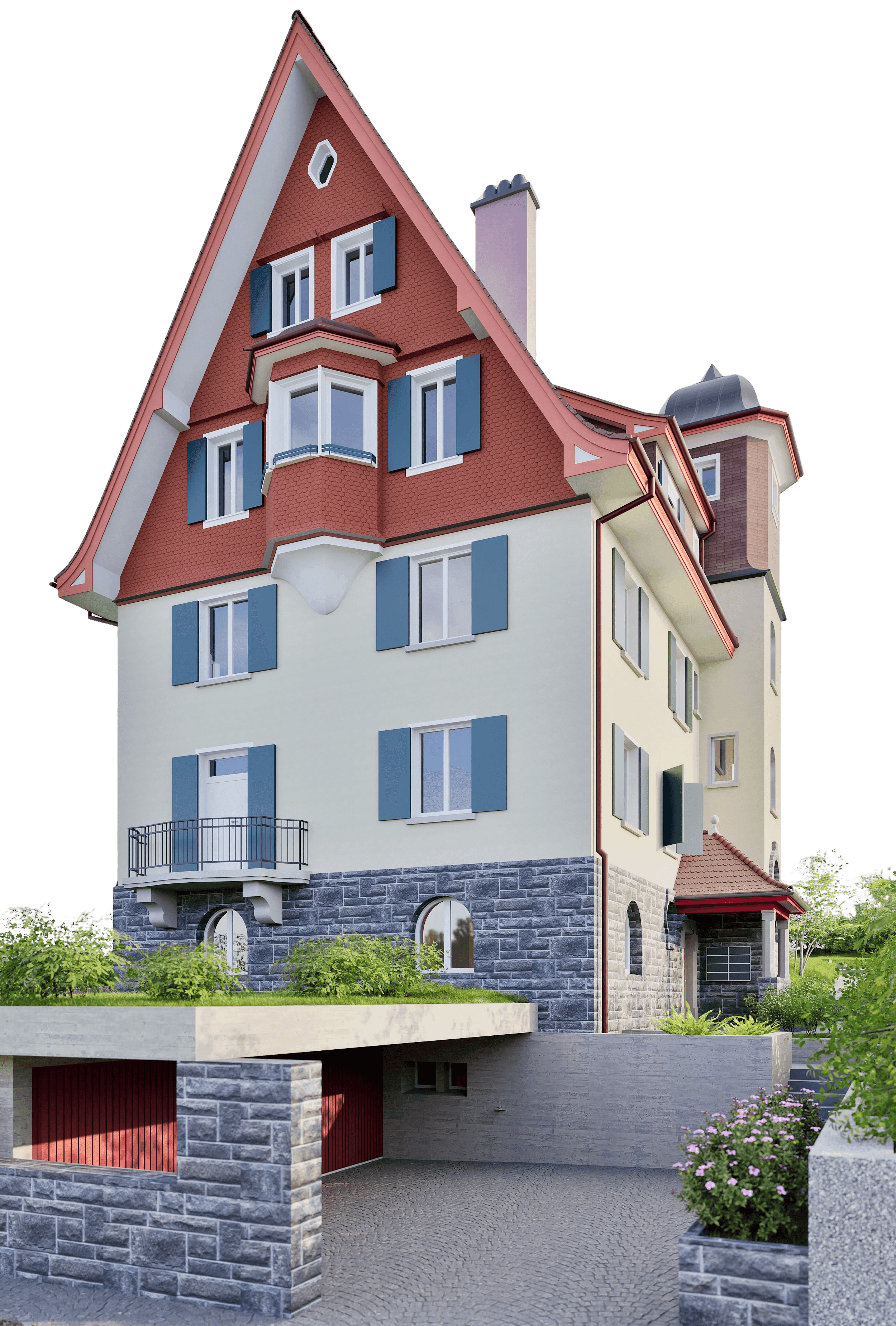 Ein mehrstöckiges Haus mit rotem Dach und weißer Fassade, umgeben von Pflanzen und Hecken, mit modernen und klassischen Elementen.