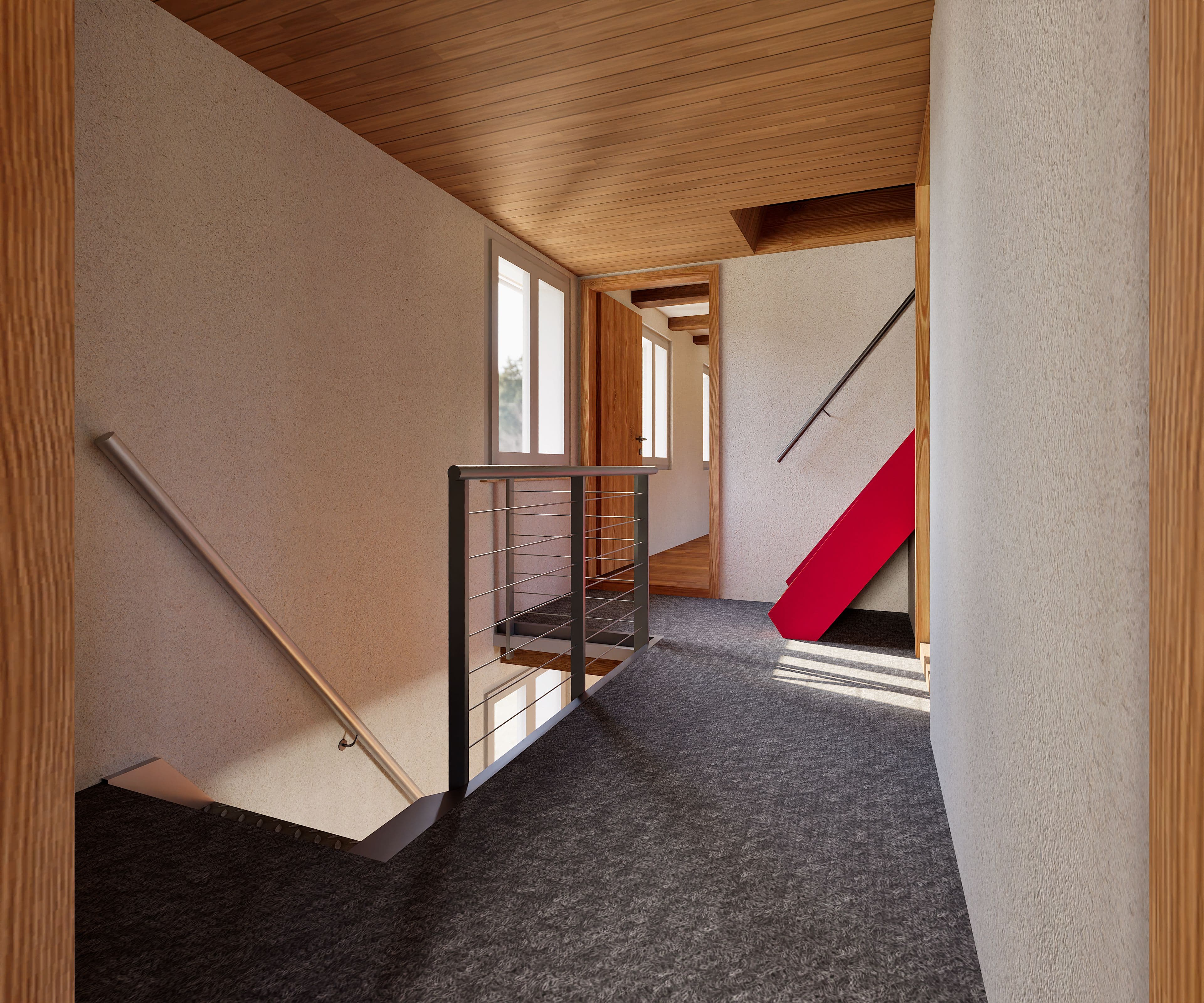 Moderner Flur im Obergeschoss mit Holzdecke, Teppichboden, Treppengeländer aus Metall, Fenstern und weißer Wand; rotes schräges Designelement an der Treppe, Tageslicht im minimalistischen Innenraum.