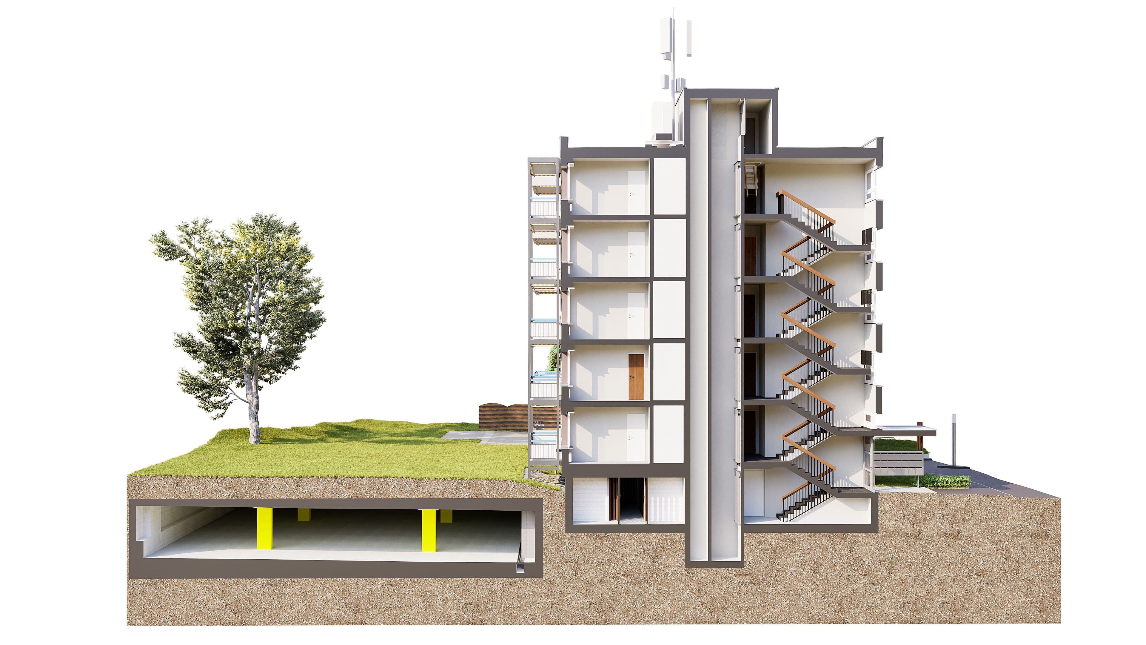 3D-Schnittansicht eines mehrstöckigen Gebäudes mit Innenräumen, Treppenhaus und Aufzugschacht; links Grünfläche mit Baum und darunterliegender Tiefgarage im Erdreich.