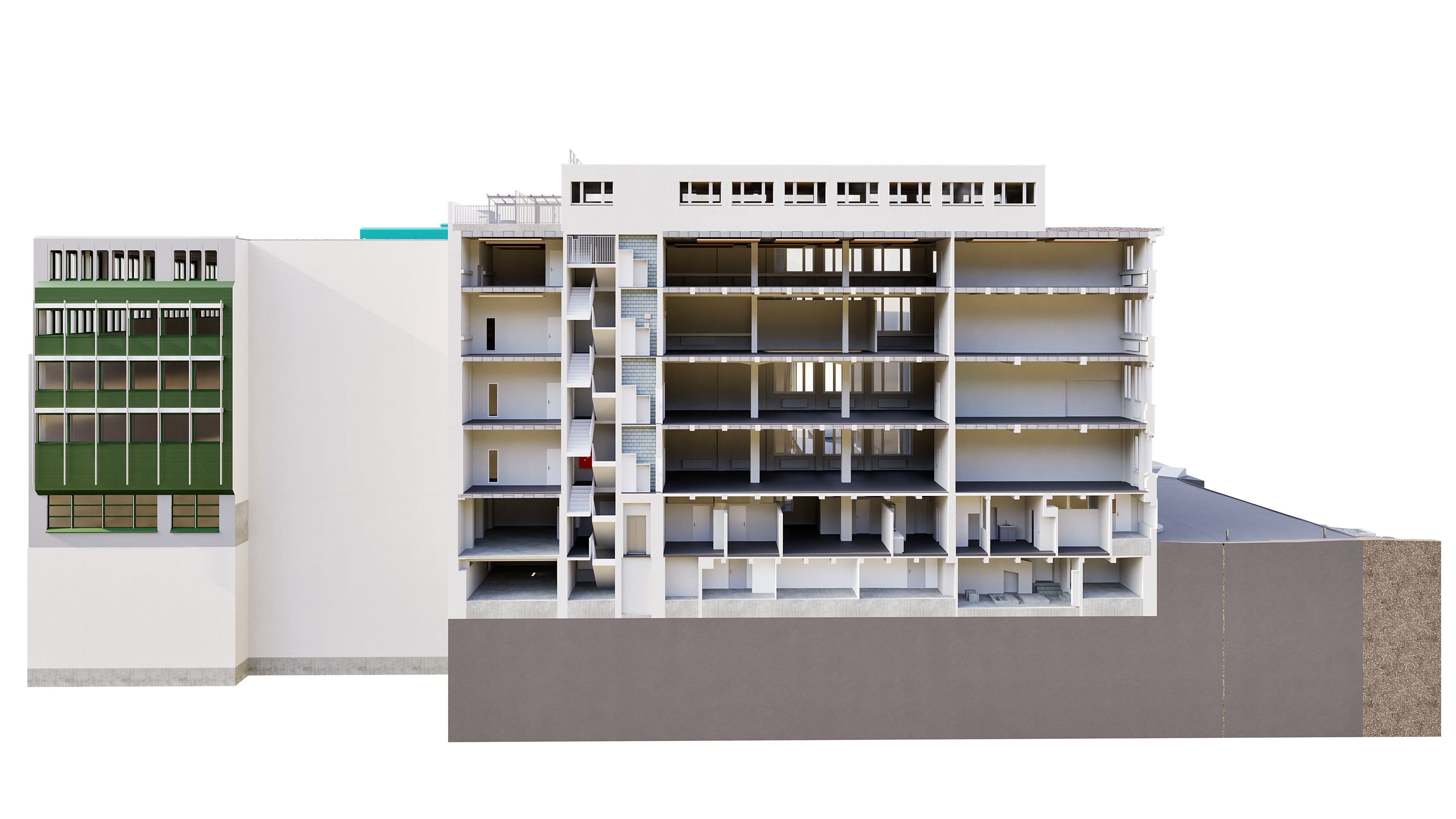 Ein Querschnitt eines mehrstöckigen Gebäudes mit sichtbarer Innenstruktur und modernem Design.