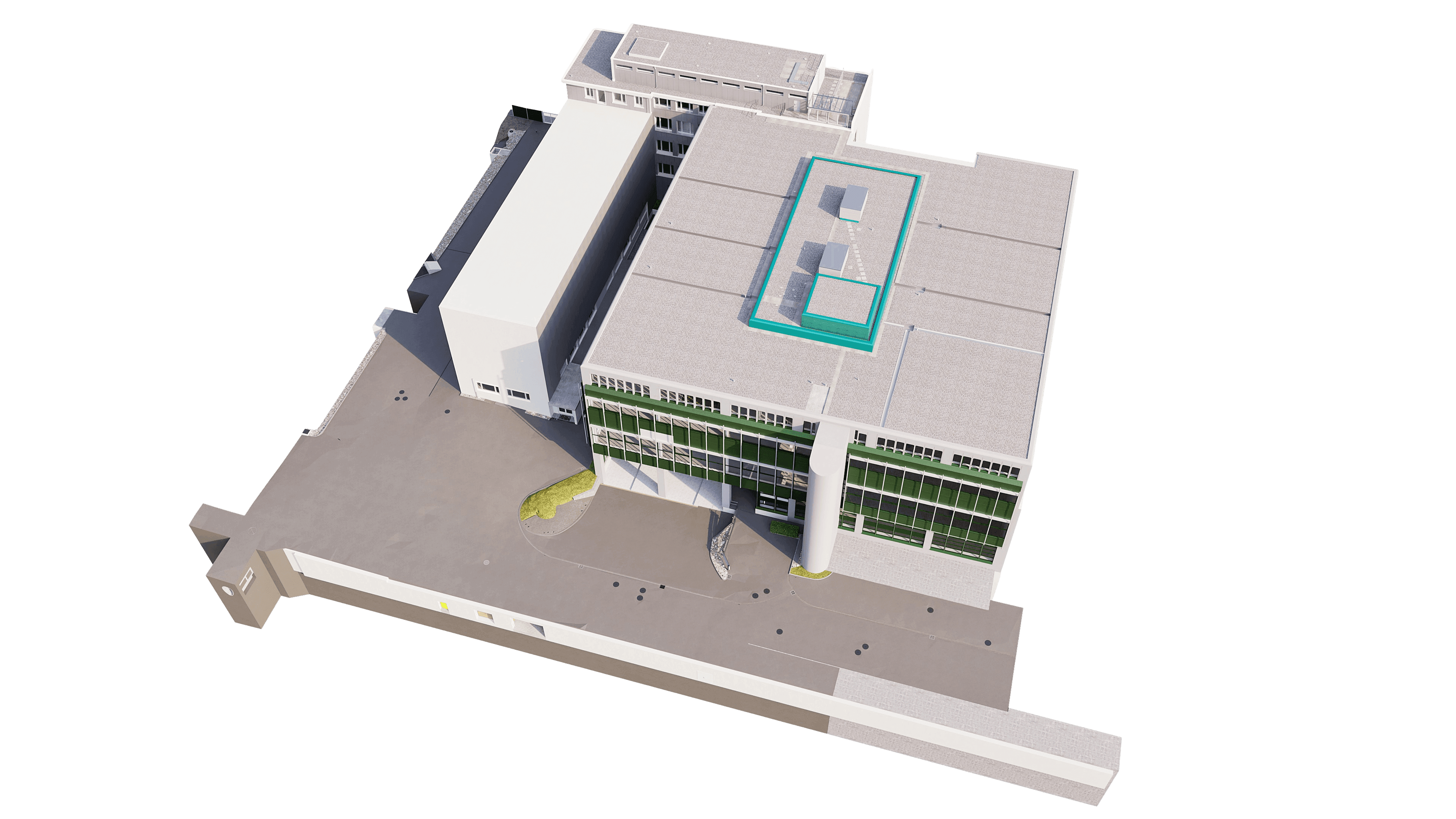 Ein modernes Gebäude mit Flachdach, großen Glasfronten und mehreren Ebenen. Ideal für SEO und Barrierefreiheit.