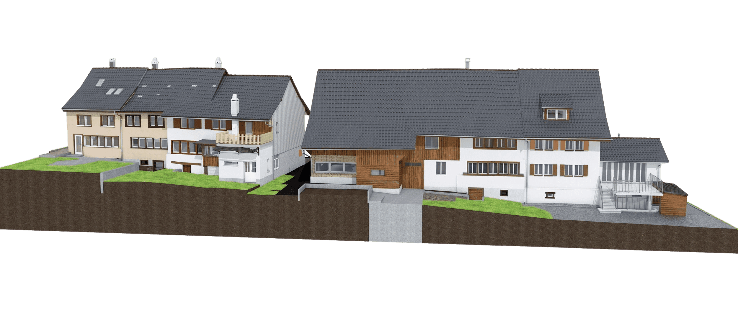 Zwei moderne Wohnhäuser auf einer Anhöhe mit Gartenflächen und dreieckigem Dach.