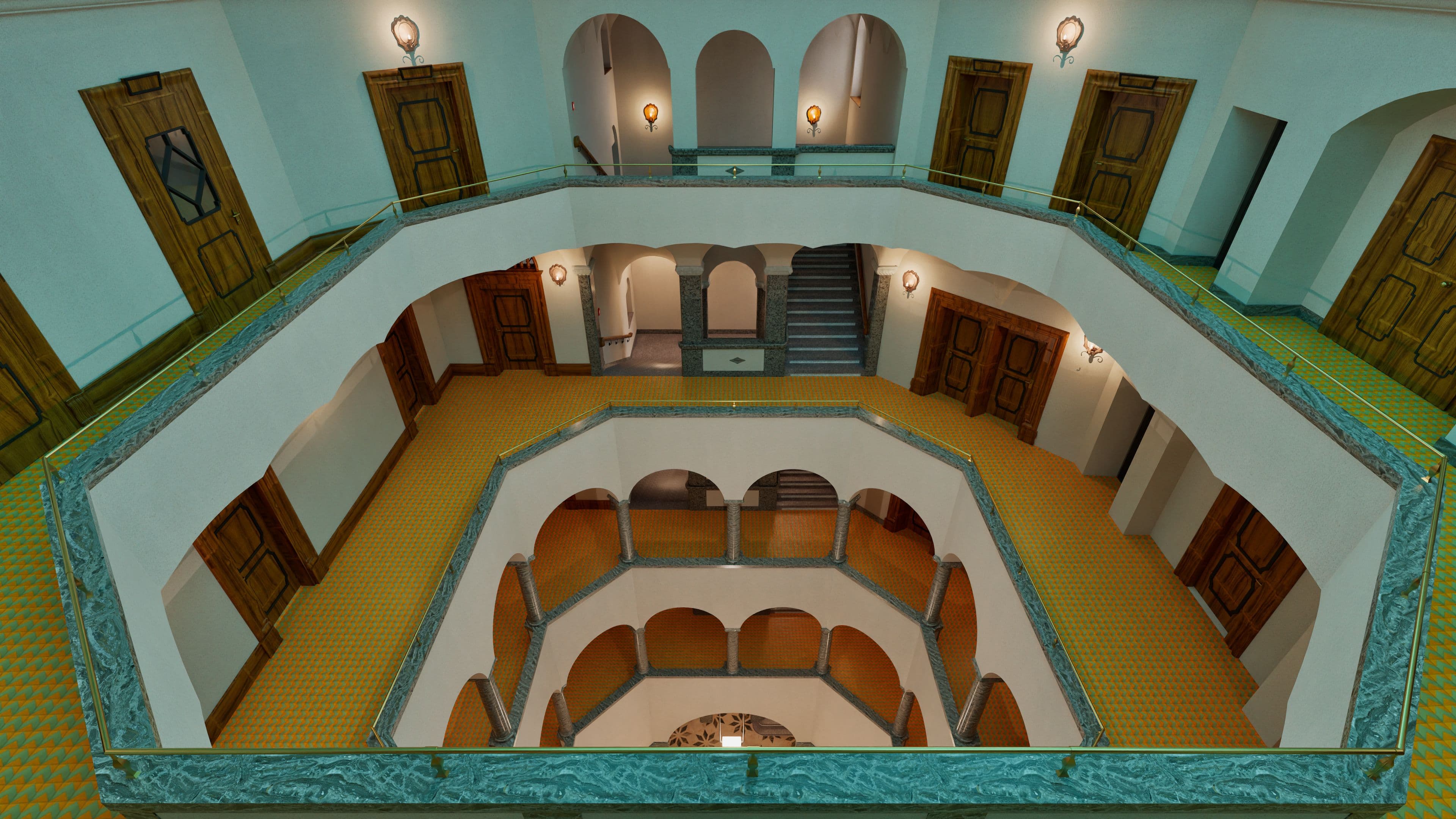 Ein mehrstöckiges Atrium mit Treppenhaus, geschwungenen Balustraden und mehreren Holztüren in einem historischen Gebäude.