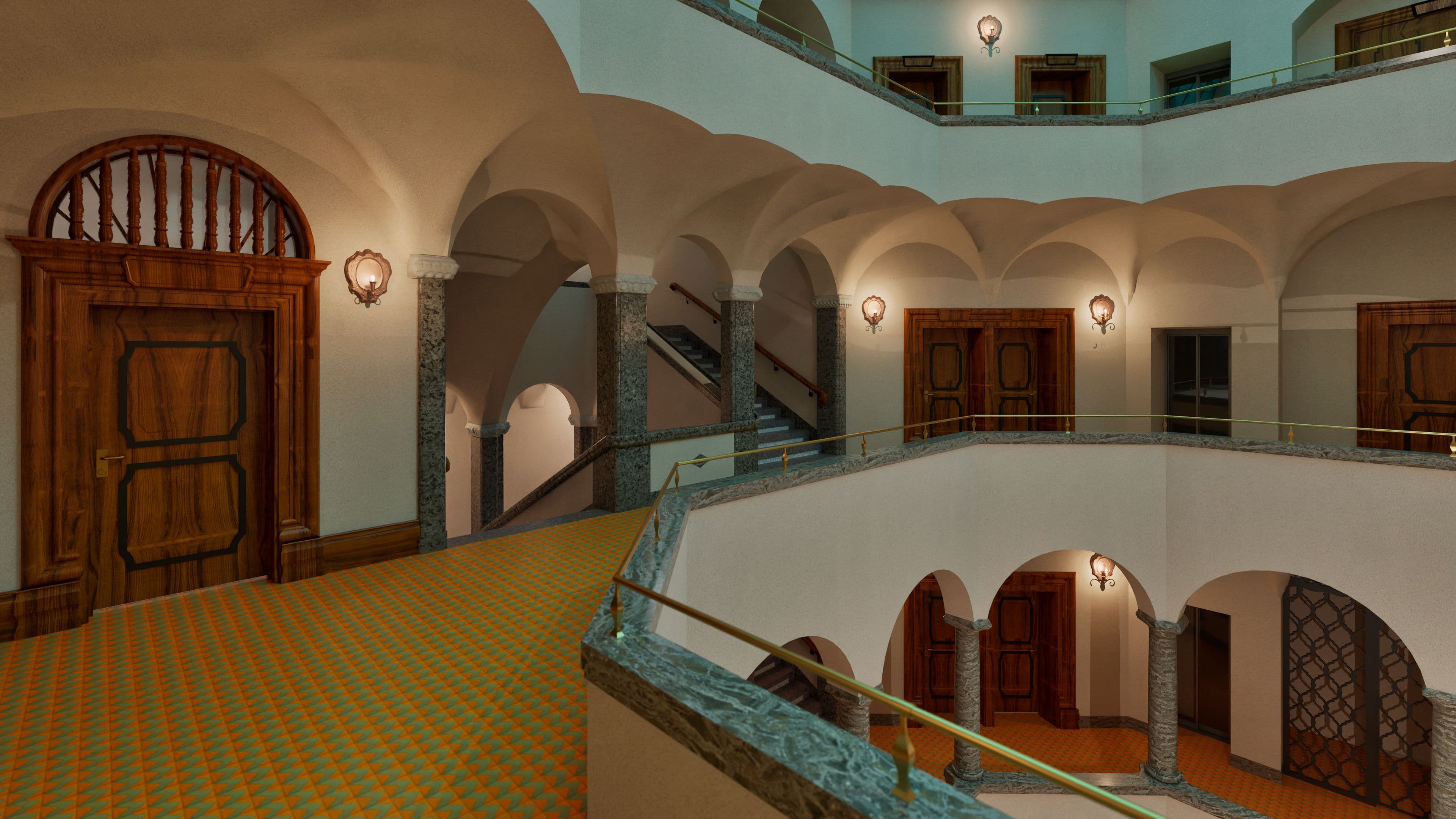 Großes, elegant beleuchtetes Atrium mit kunstvollen Holztüren, gewölbten Decken und verziertem Teppich.