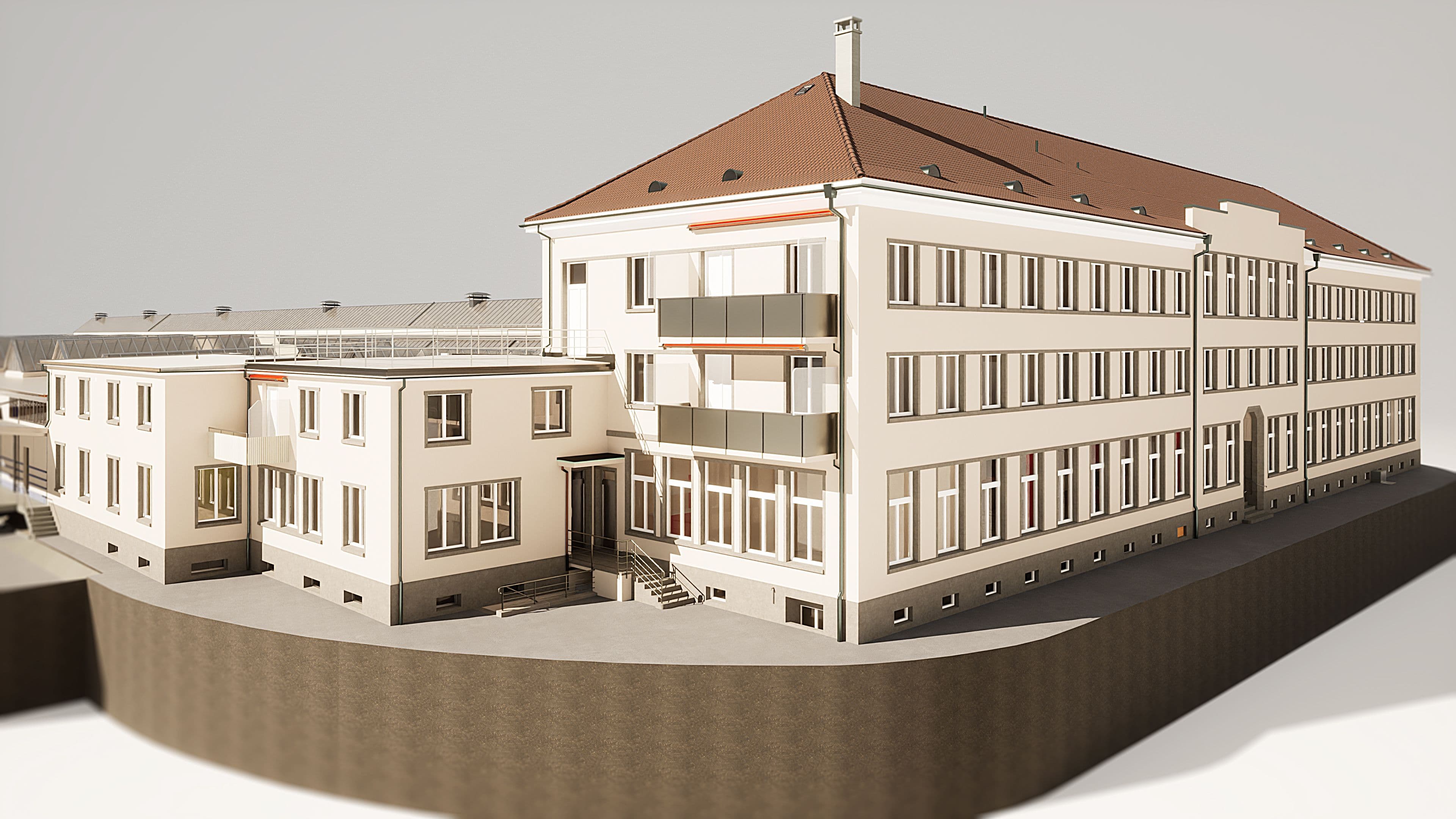 3D-Modell eines modernen Schulgebäudes bei Tageslicht.