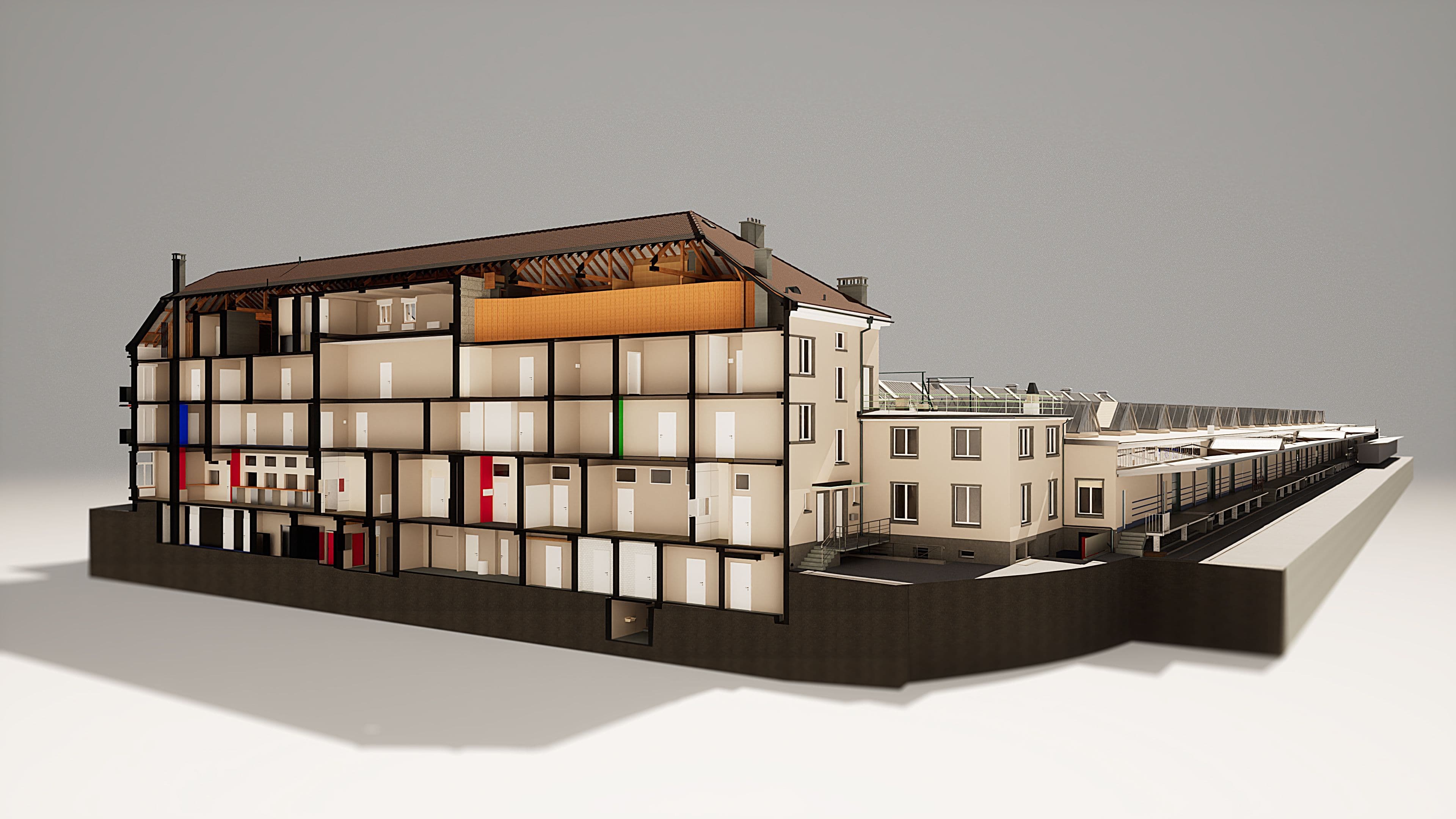 3D-Modell eines mehrstöckigen Gebäudekomplexes mit Schnittansicht
