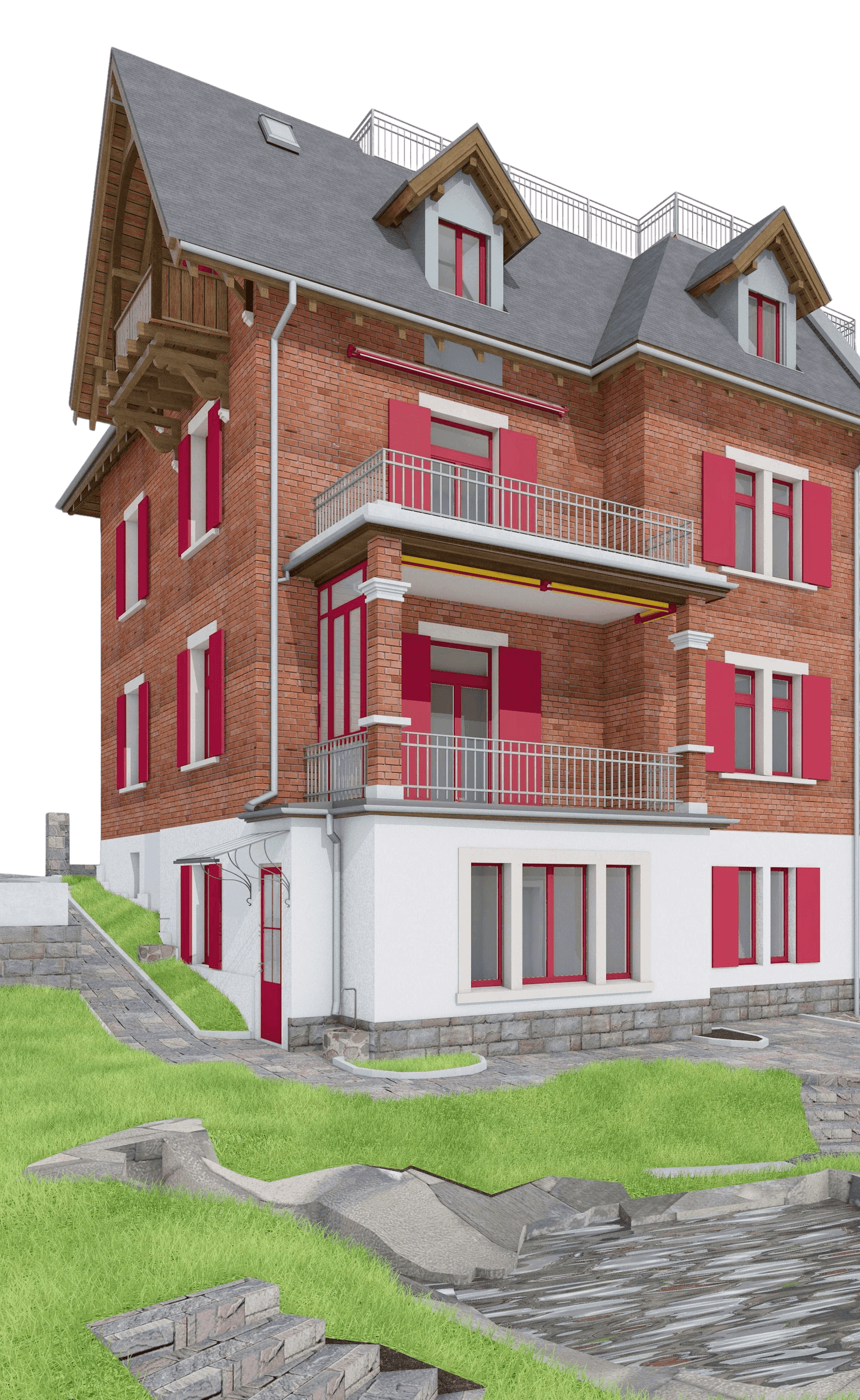Rotes Backsteinhaus mit mehreren Etagen, grauem Dach und roten Fensterläden, umgeben von gepflegtem Rasen und Steintreppen.